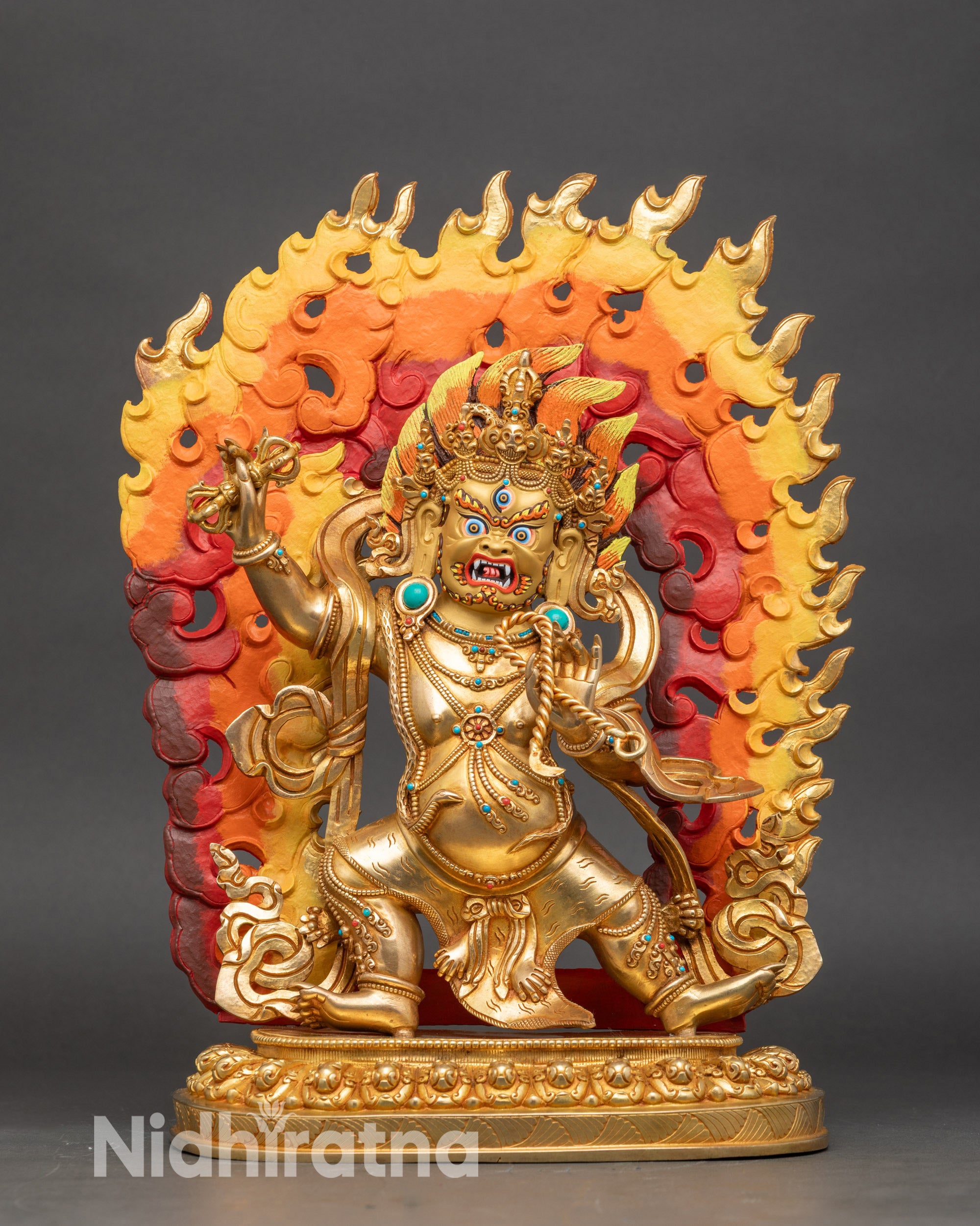 Front view Vajrapani statue in copper with 24K fire-gilding and semi-precious stones