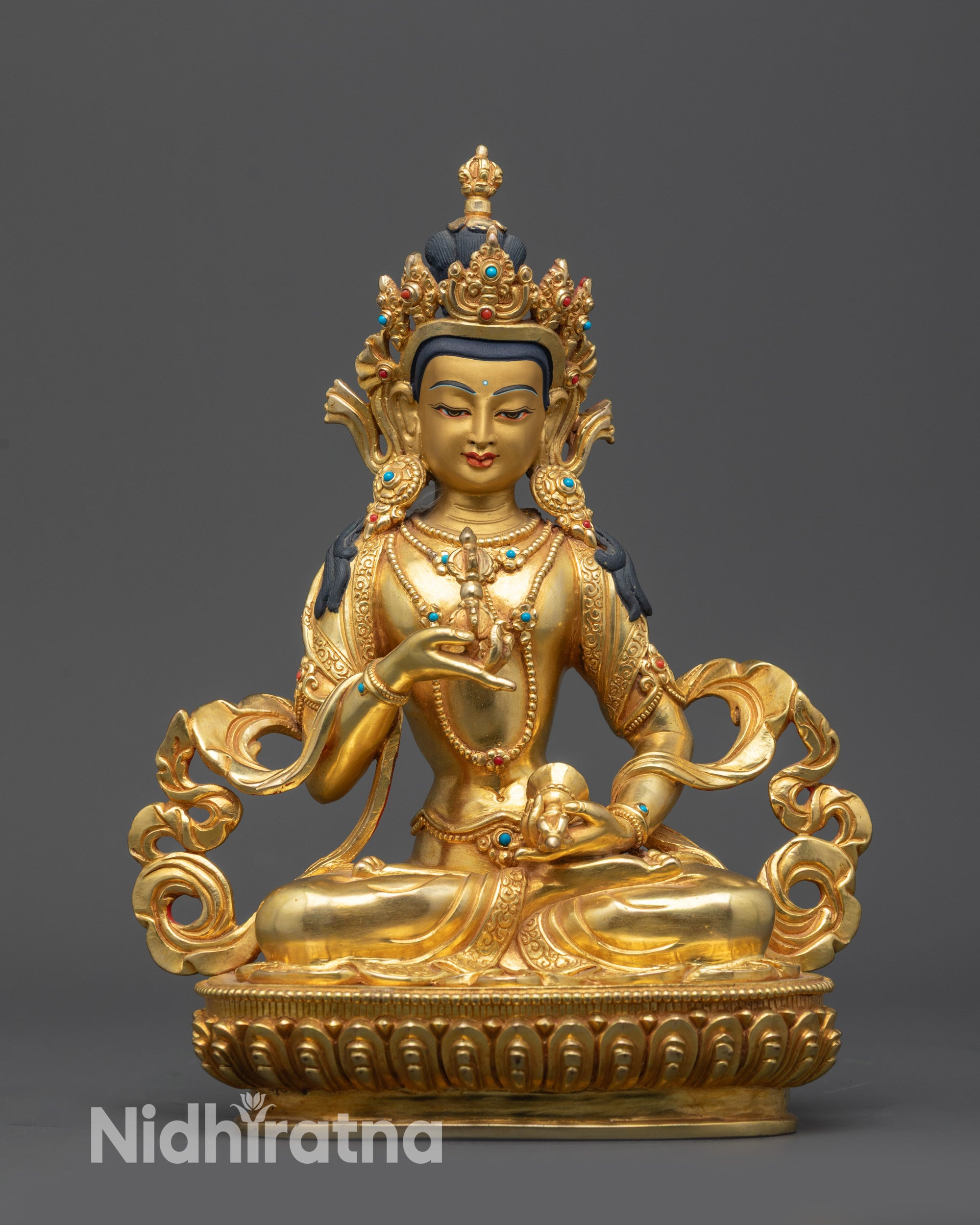 Front view Vajrasattva altar sculpture with lotus seat and five-jeweled crown