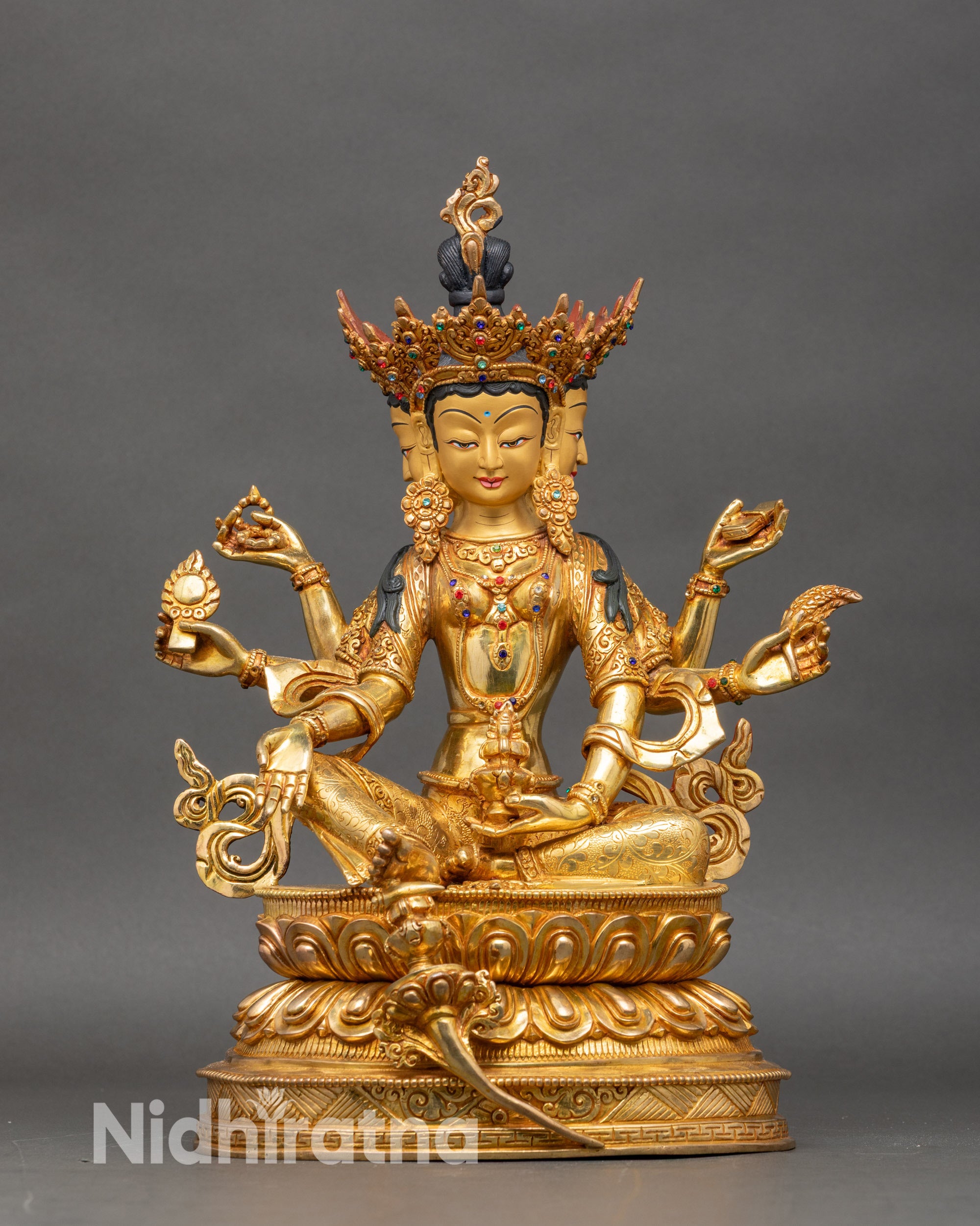 Front view Vasudhara Buddha statue copper 24K gold semi-precious stones double lotus pedestal Nepal