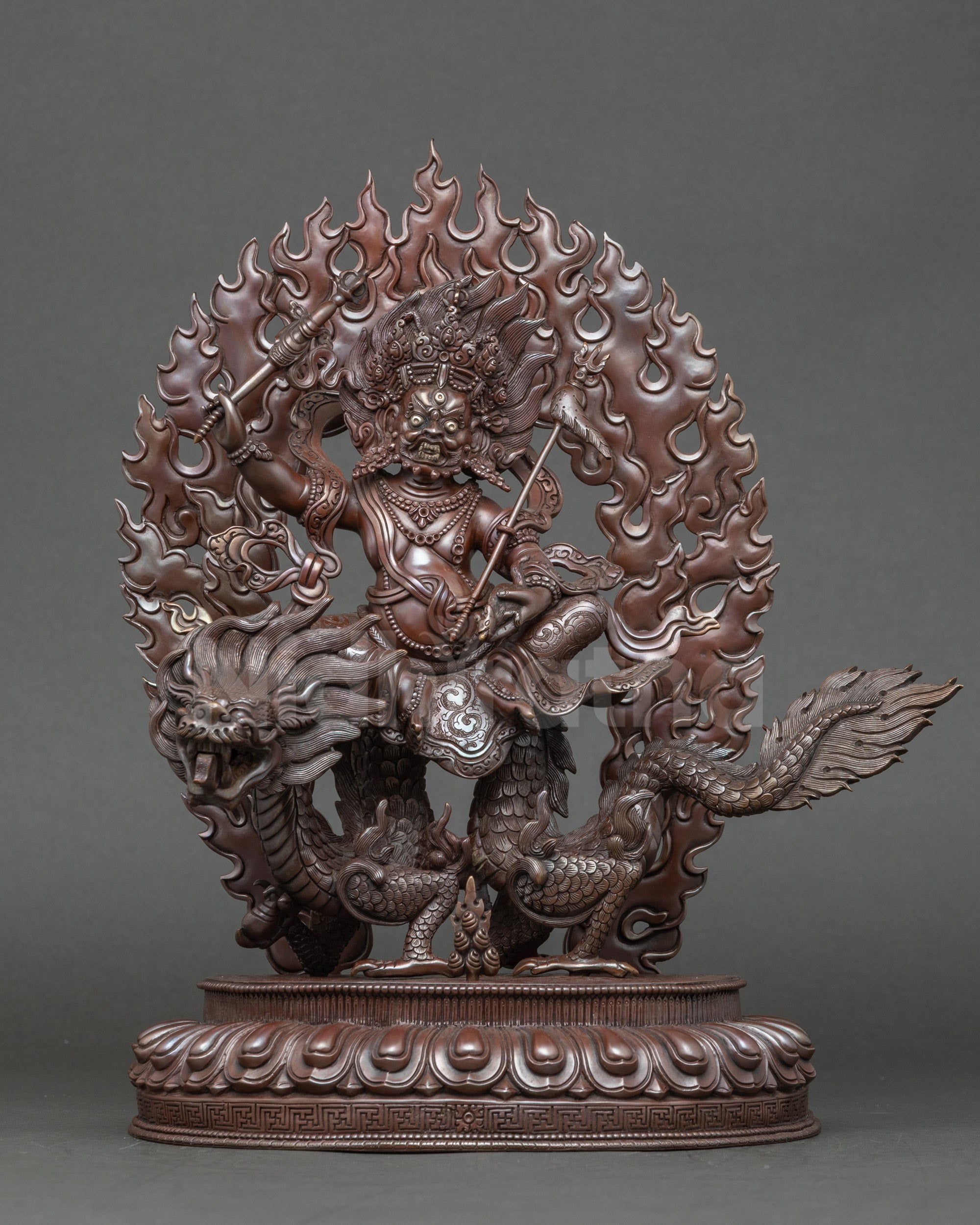 Front view White Dzambhala statue, handcrafted Nepalese copper with oxidized finish