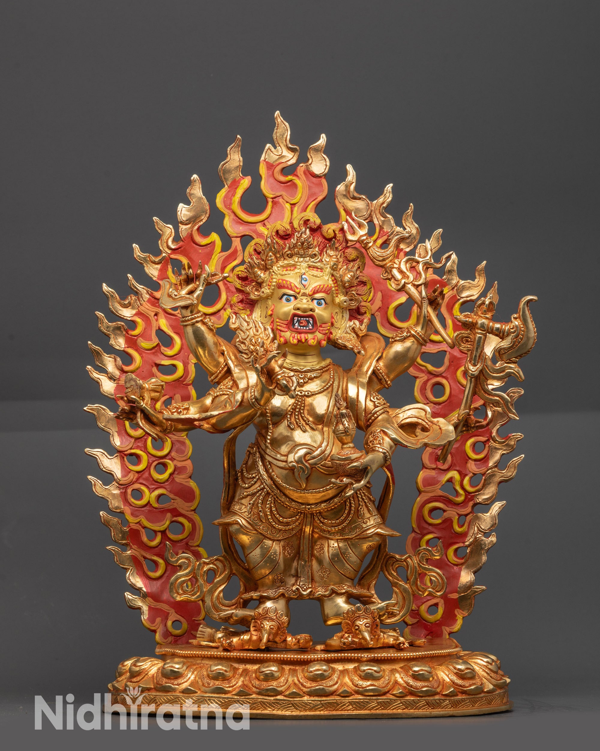 Front view White Mahakala Statue with gold fire-gilded body and crown ornament