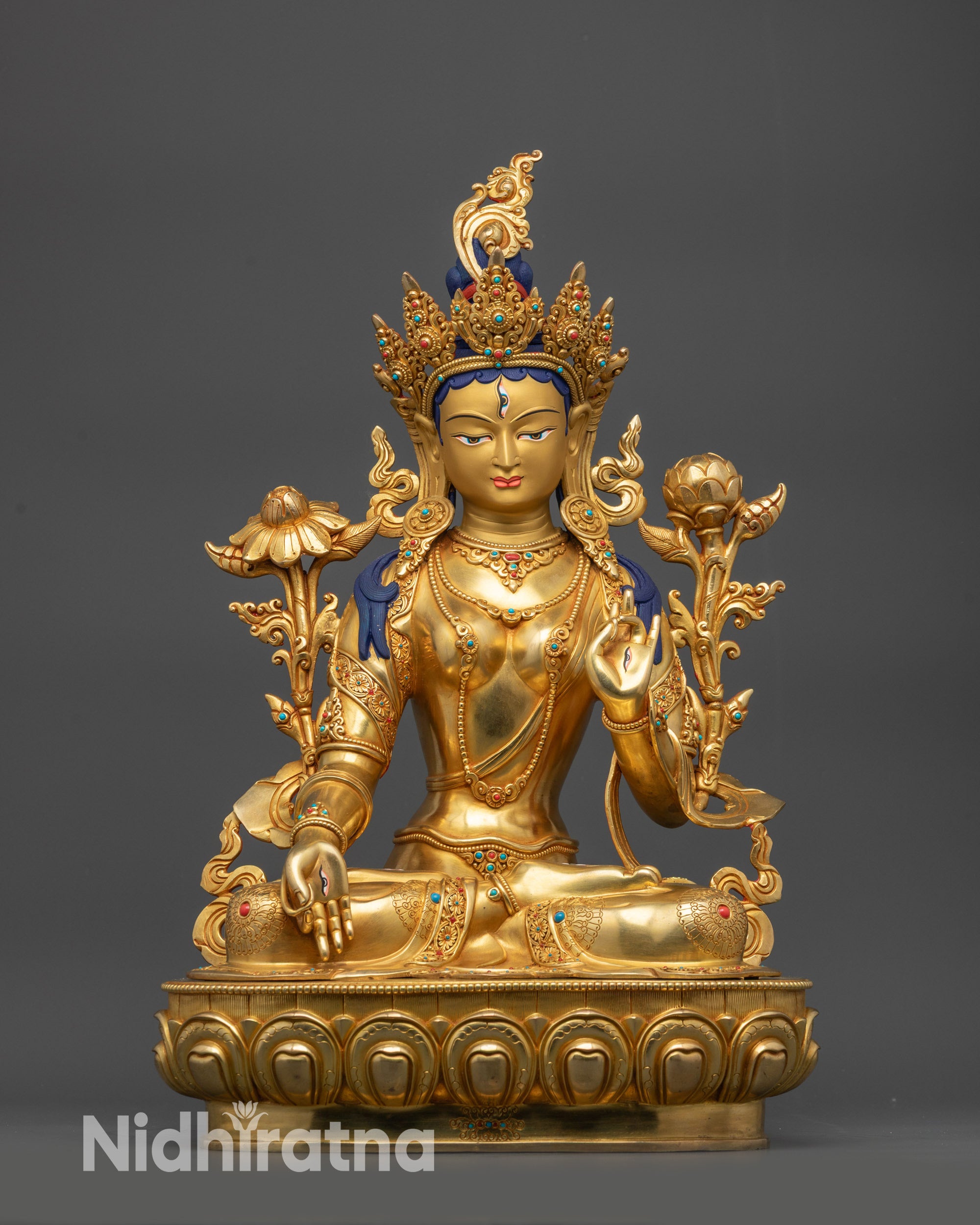 Front view White Tara Meditation Statue with gold fire-gilded base and lotus throne