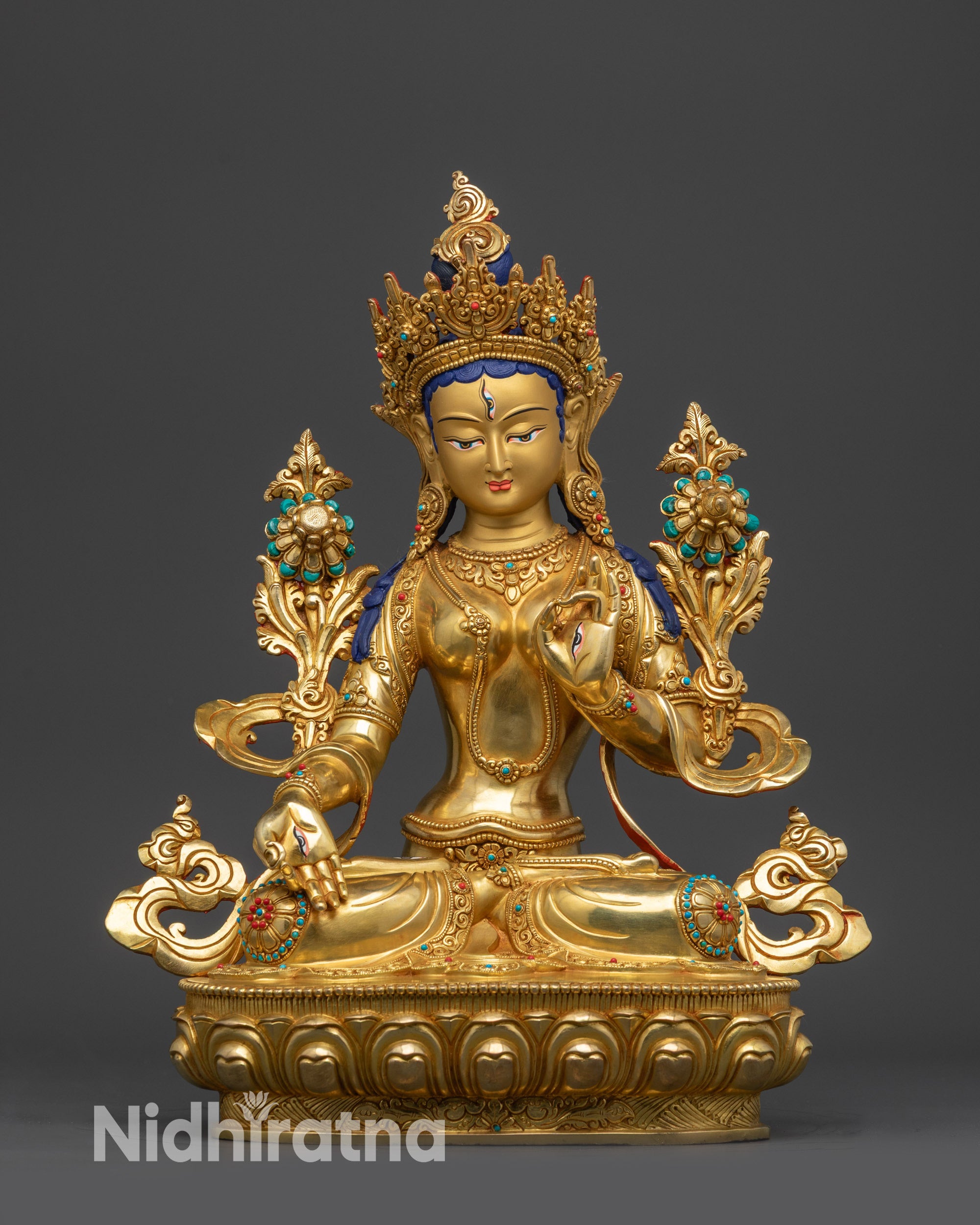 Front view White Tara Statue gold-gilded Tibetan deity seated on lotus with intricate carvings