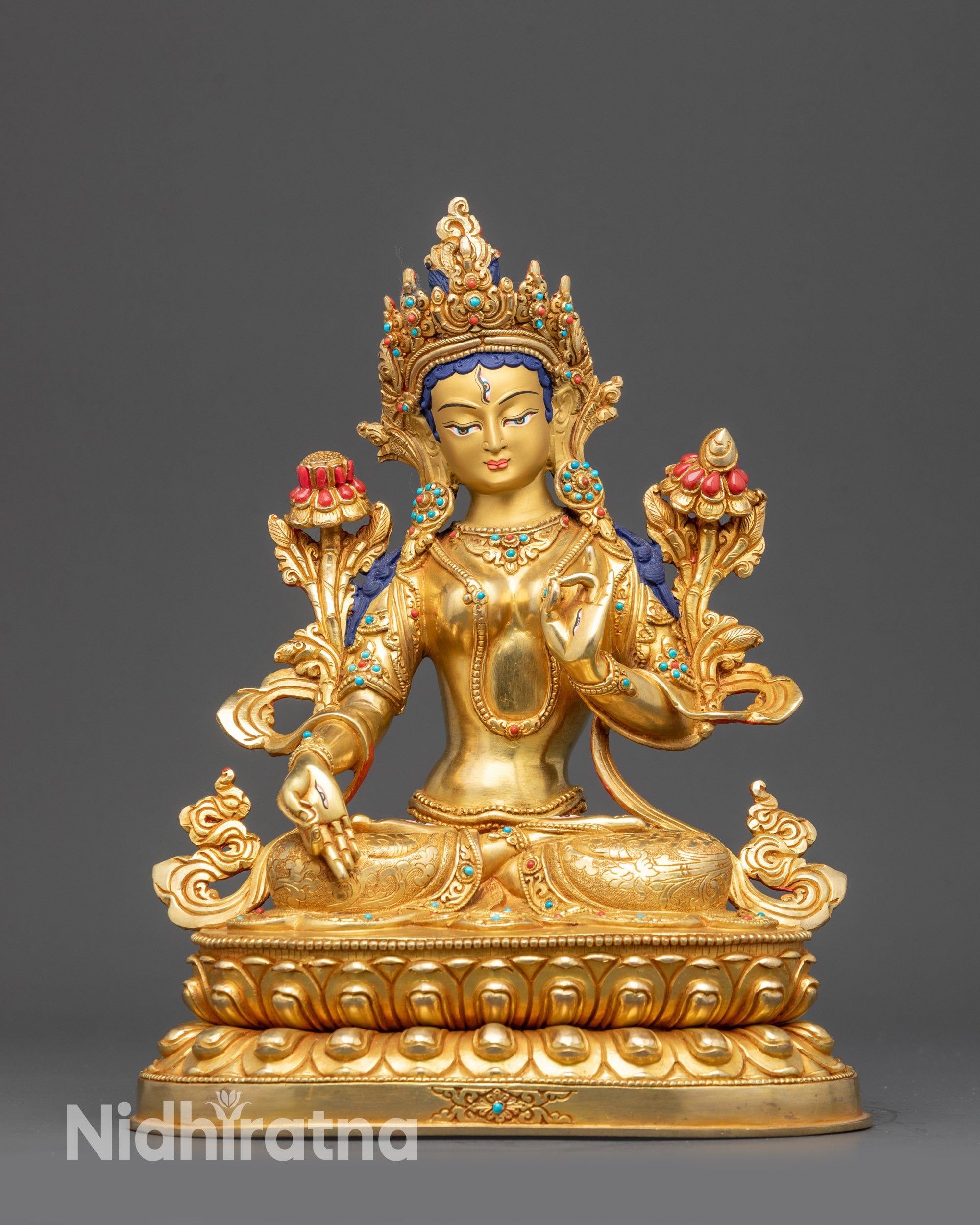 Front view White Tara Statue on gold fire-gilded base with lotus seat and jewelry details
