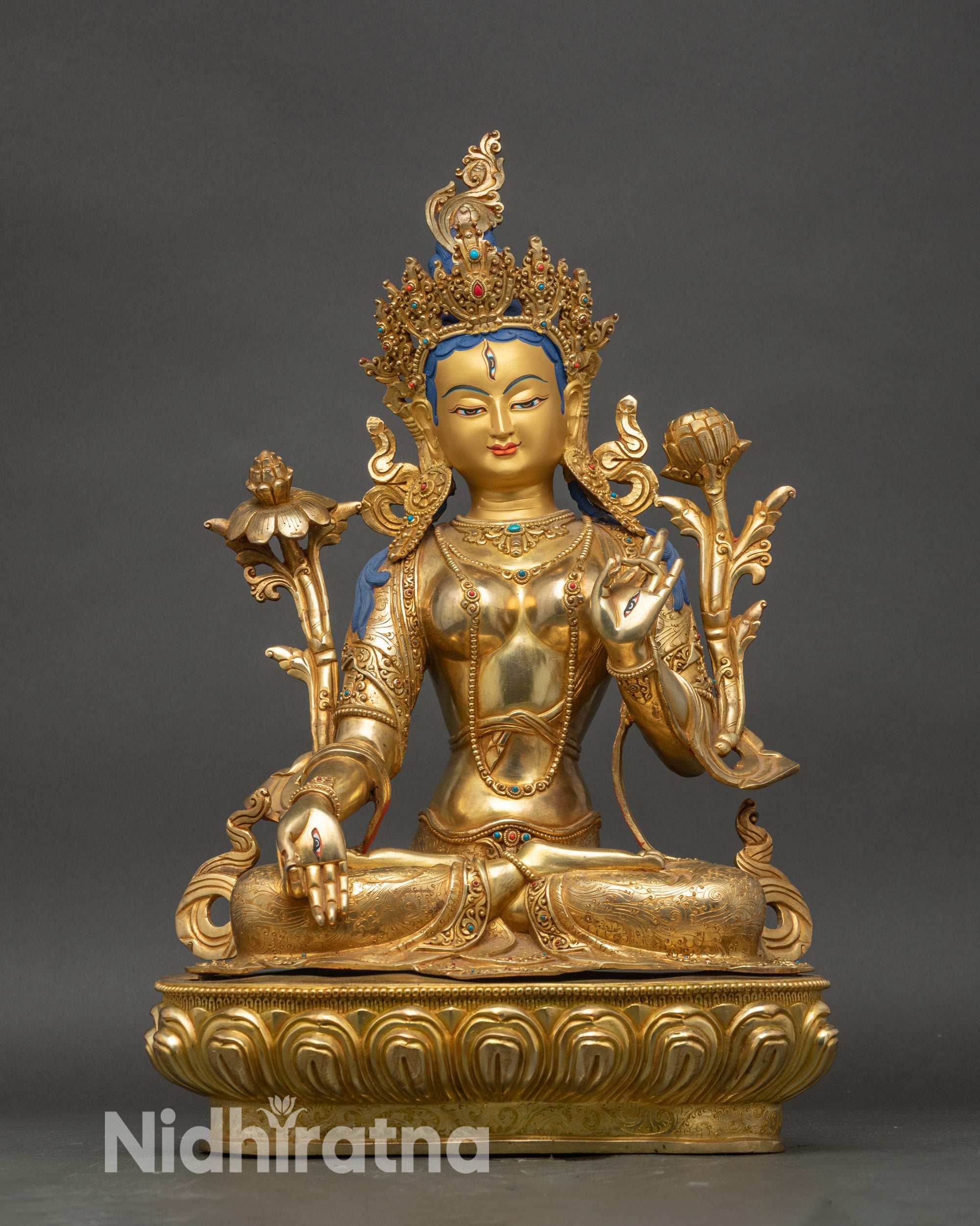 Front view White Tara Statue with lotus throne, gold-painted face, and semi-precious stone