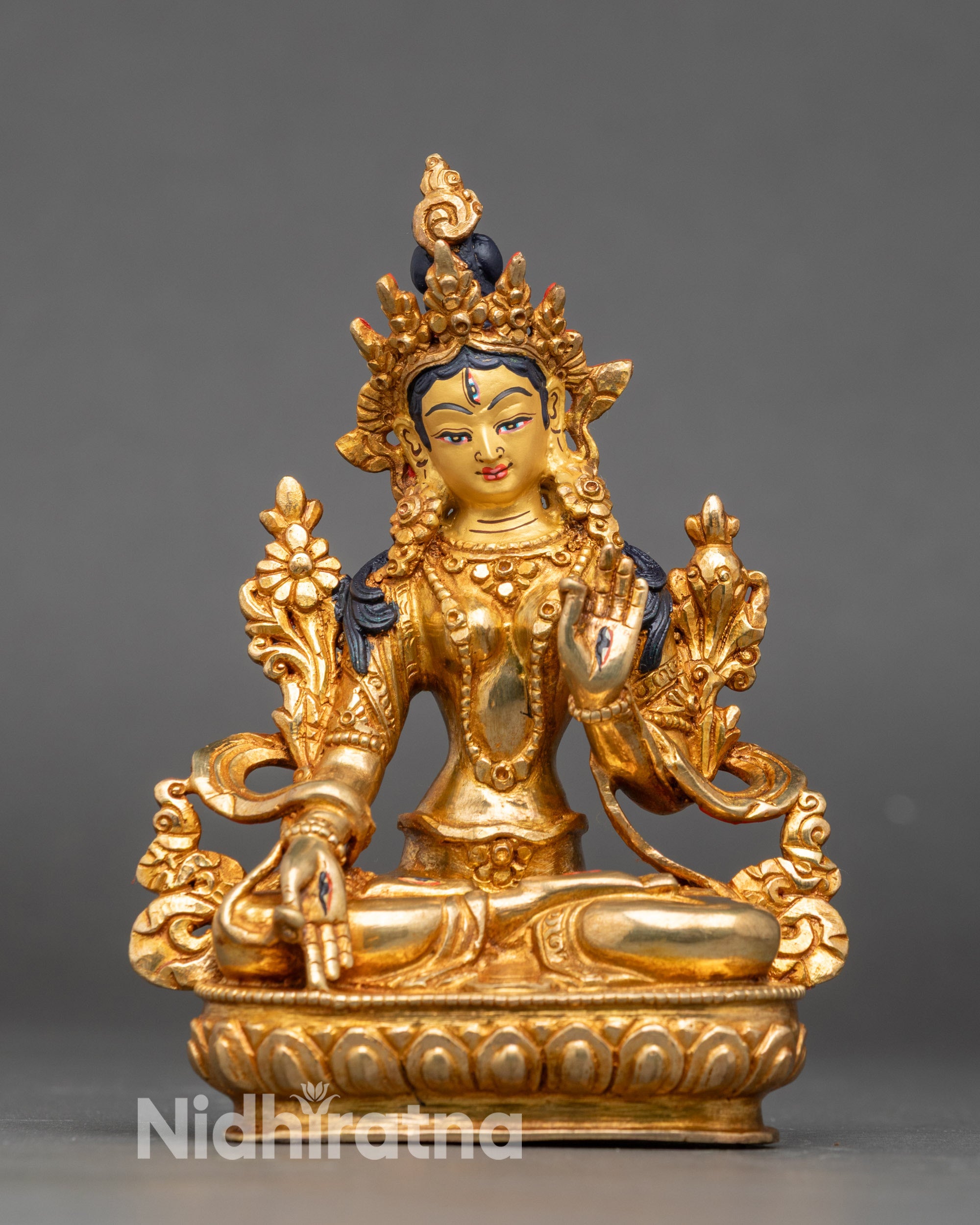 Front view White Tara statue lotus pedestal 24K gold gilded Nepalese sculpture