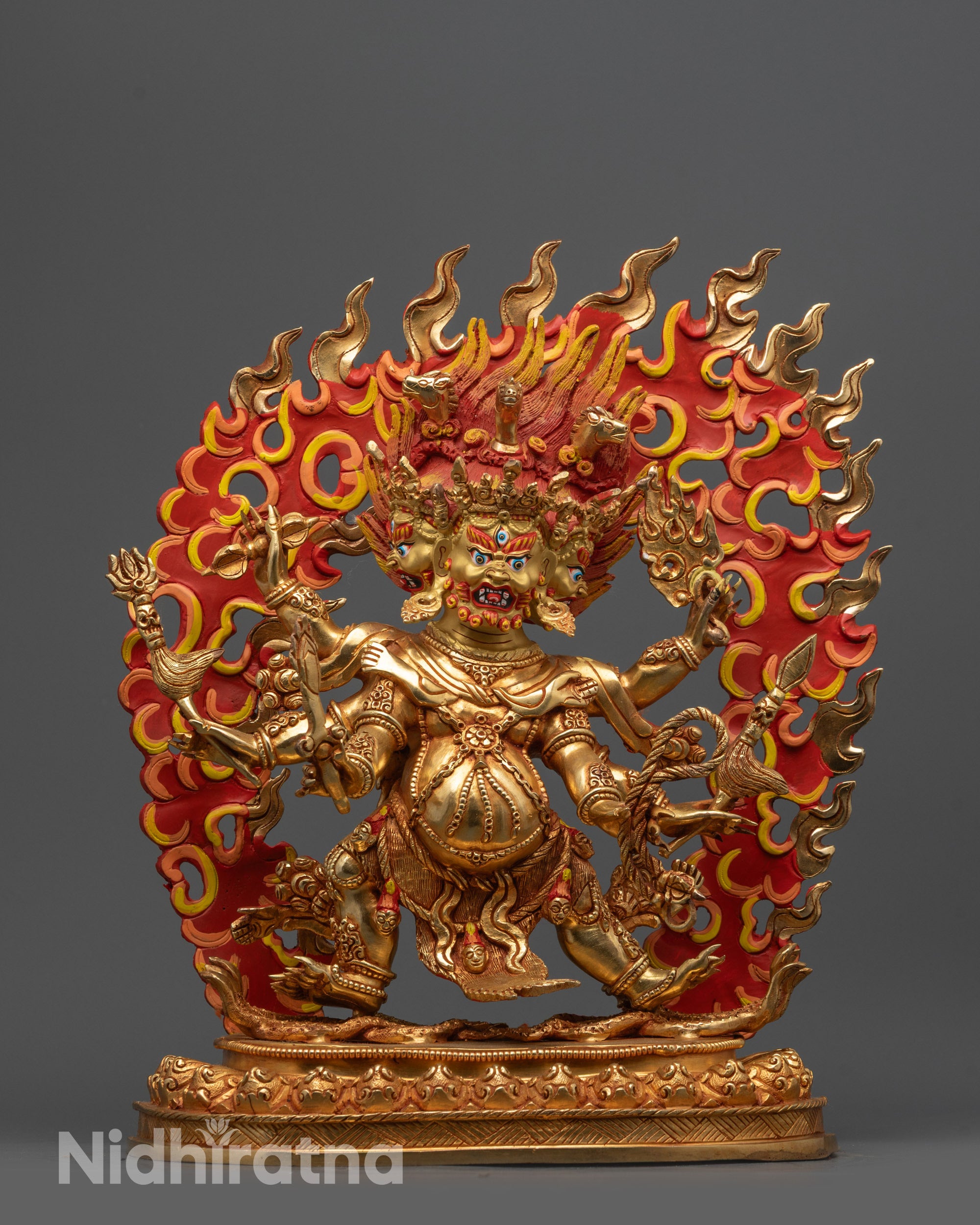 Front view Wrathful Dharmapala Statue with gold-gilded face and fire-gilded copper body