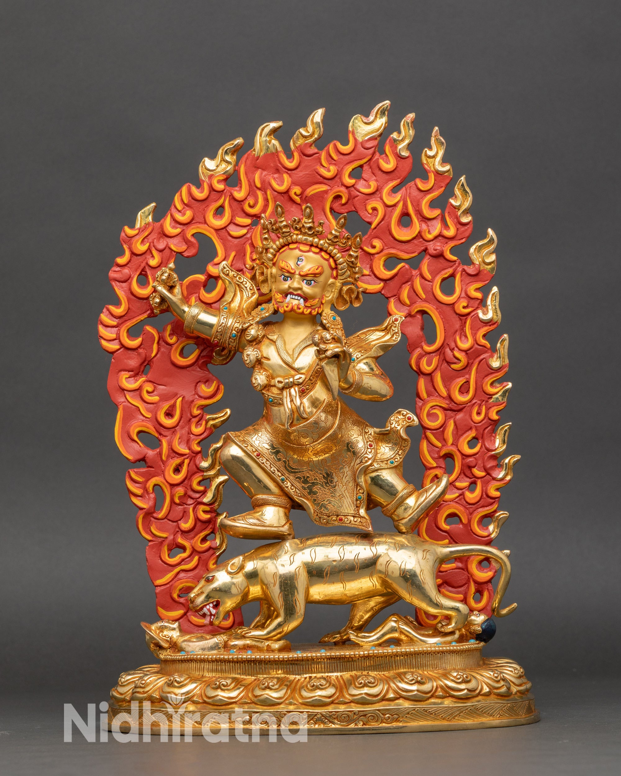 Front view – Wrathful Dorje Drolo Statue standing on lotus throne, handcrafted Nepalese copper