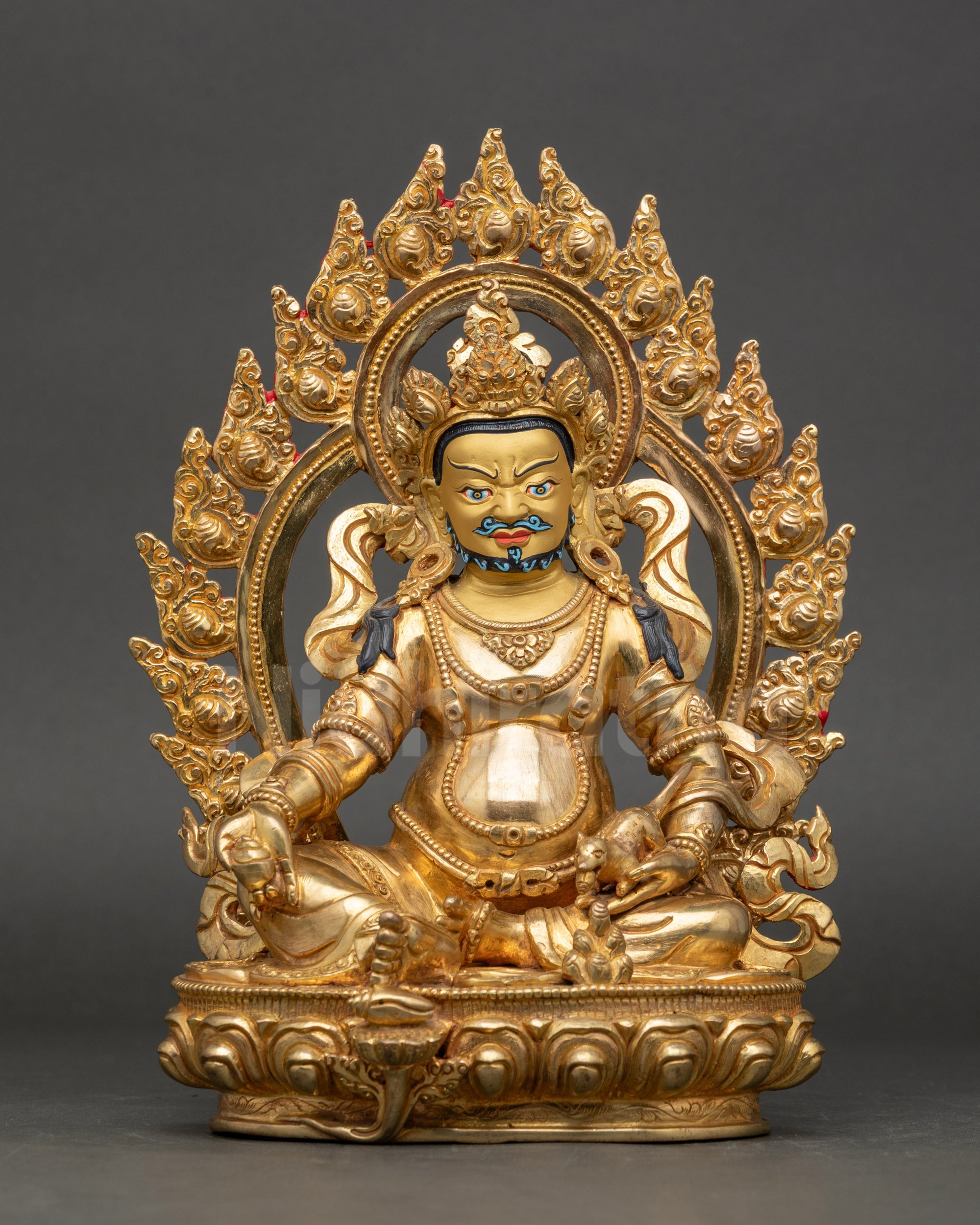 Front view Yellow Dzambhala Statue in pure gold with halo, Buddhist prosperity deity from Nepal