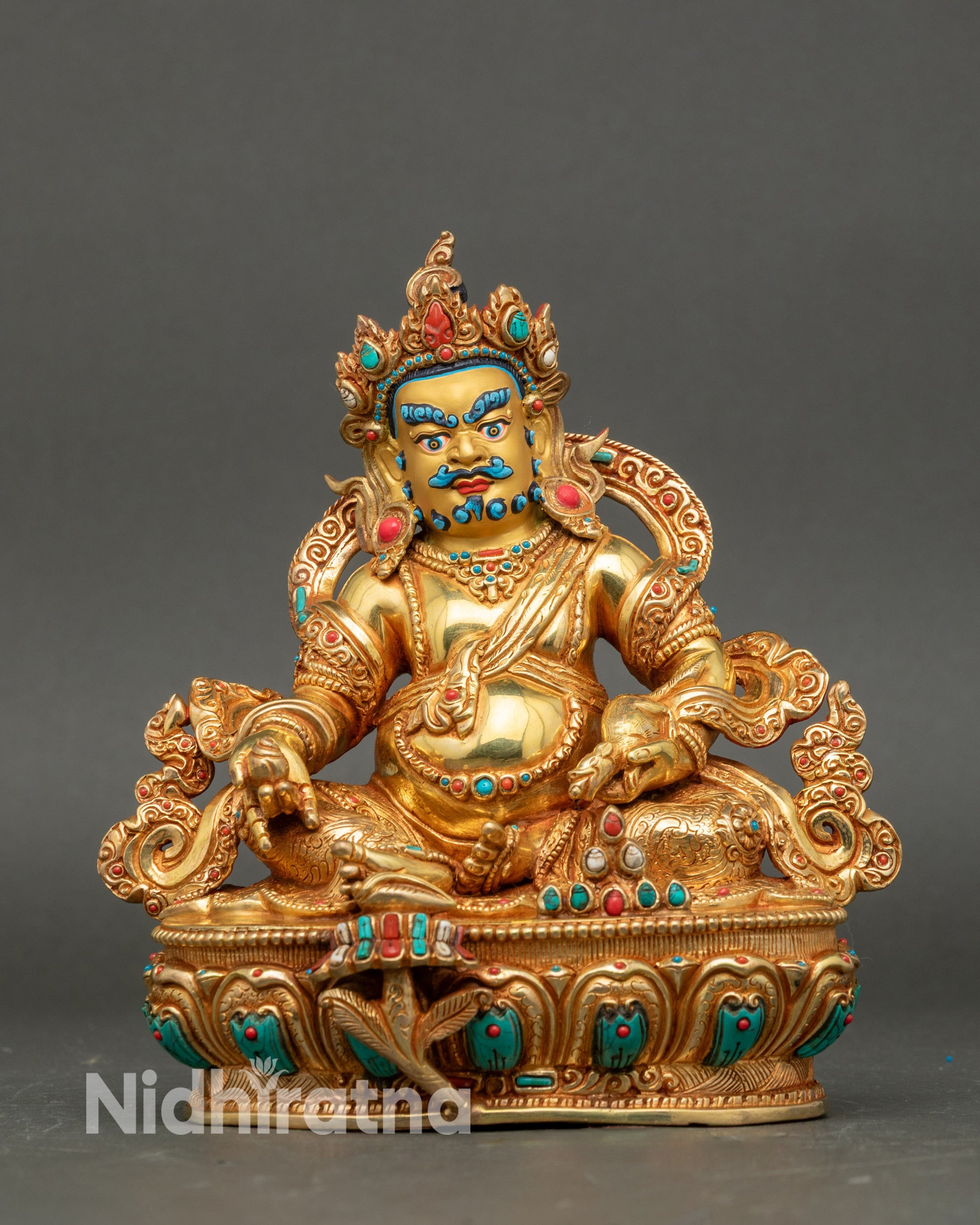 Front view Yellow Dzambhala statue gold-gilded copper with lotus throne and jewel mongoose