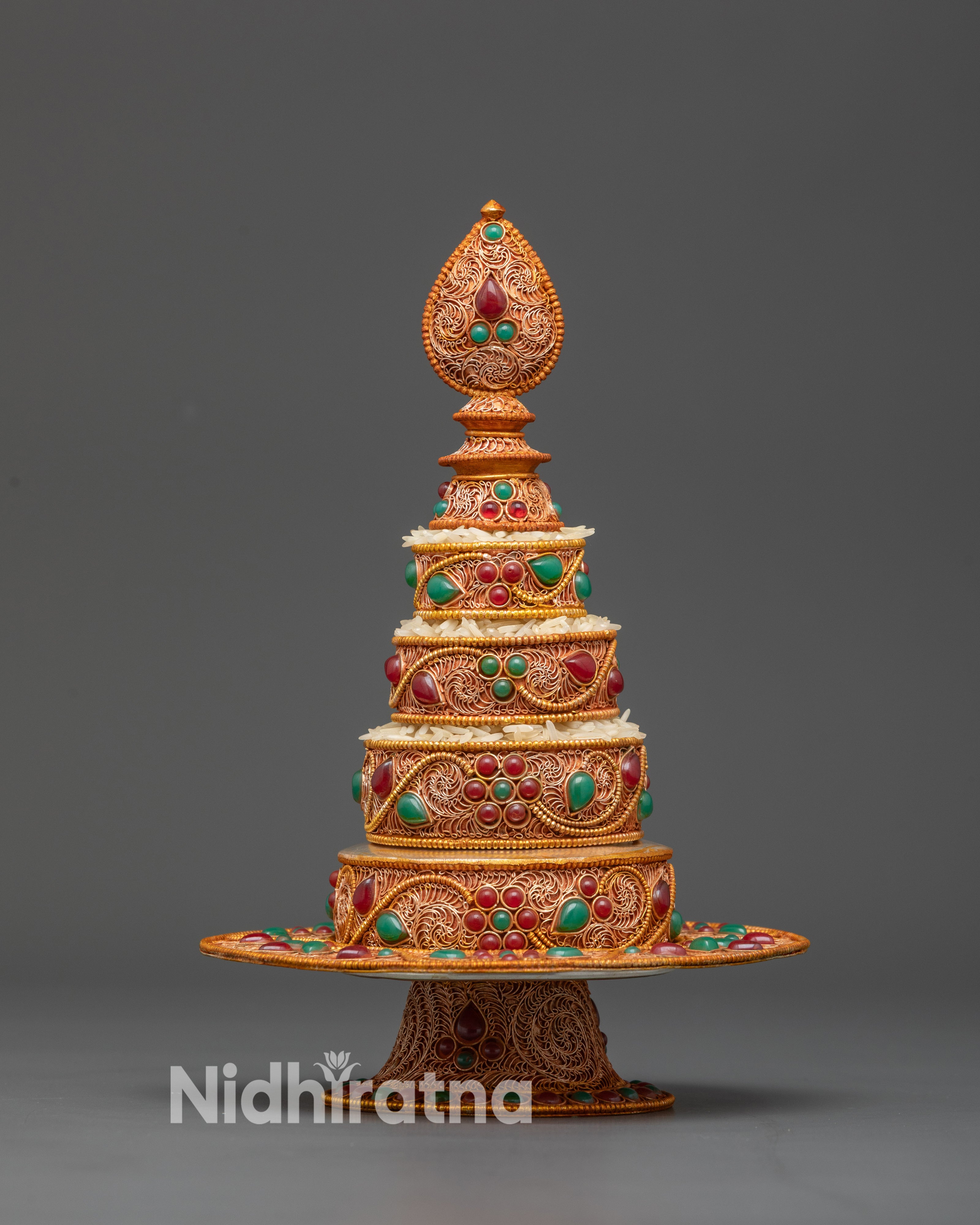 Front view copper Mandala Offering Set with gold-plated filigree design