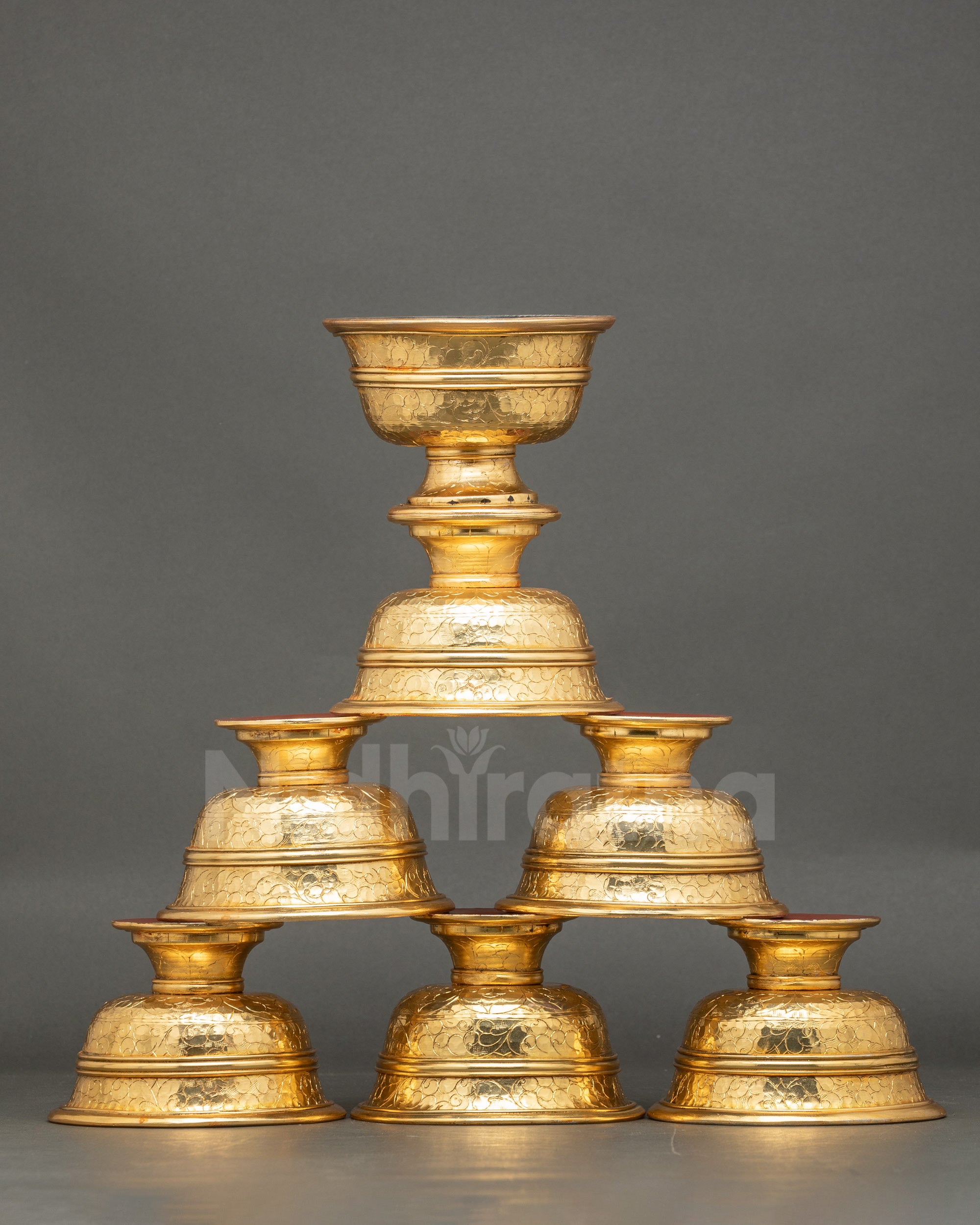 Front view gold and silver-plated water offering set handmade Tibetan Buddhist altar