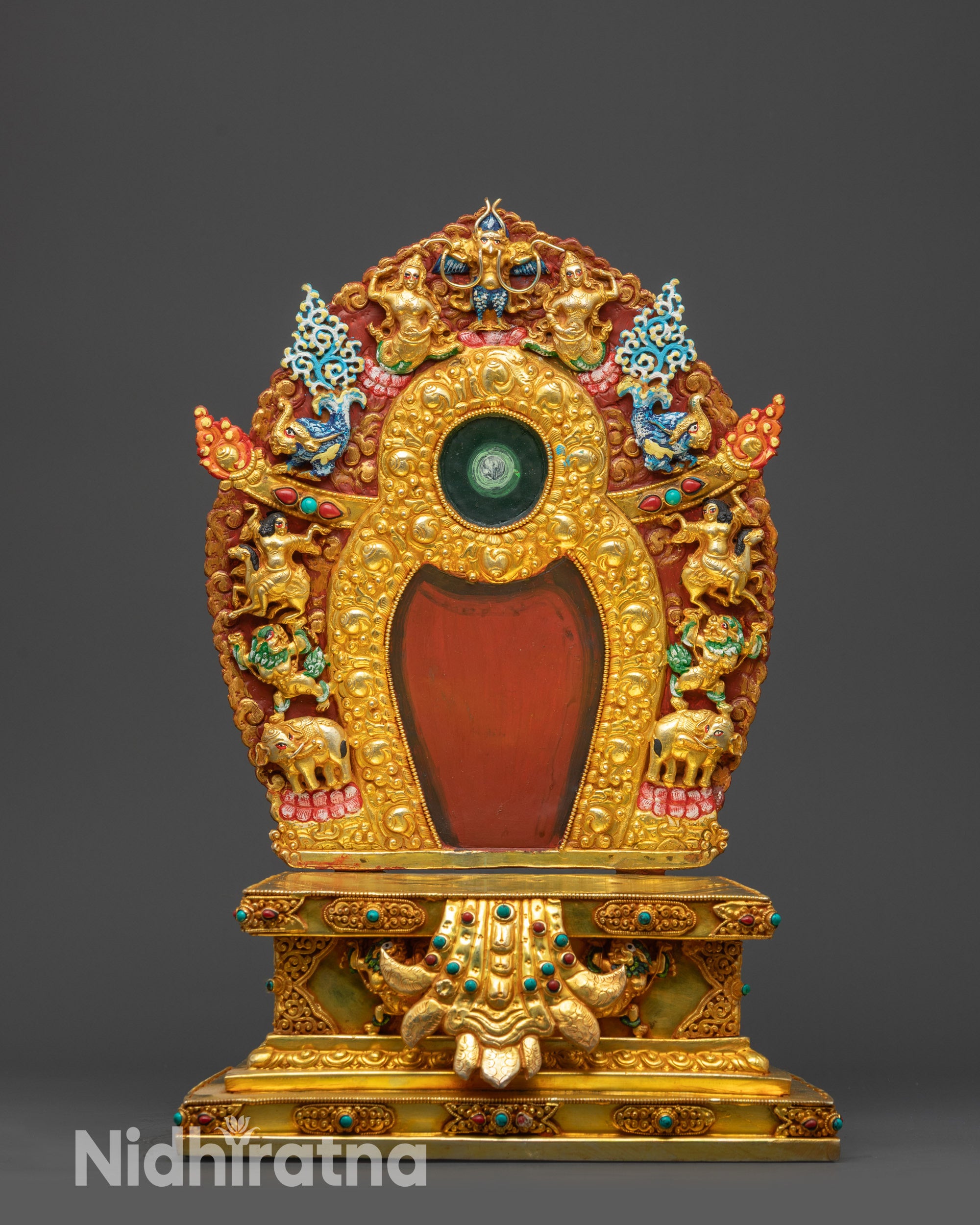 Front view handcrafted Himalayan throne copper gold acrylic carvings gemstones
