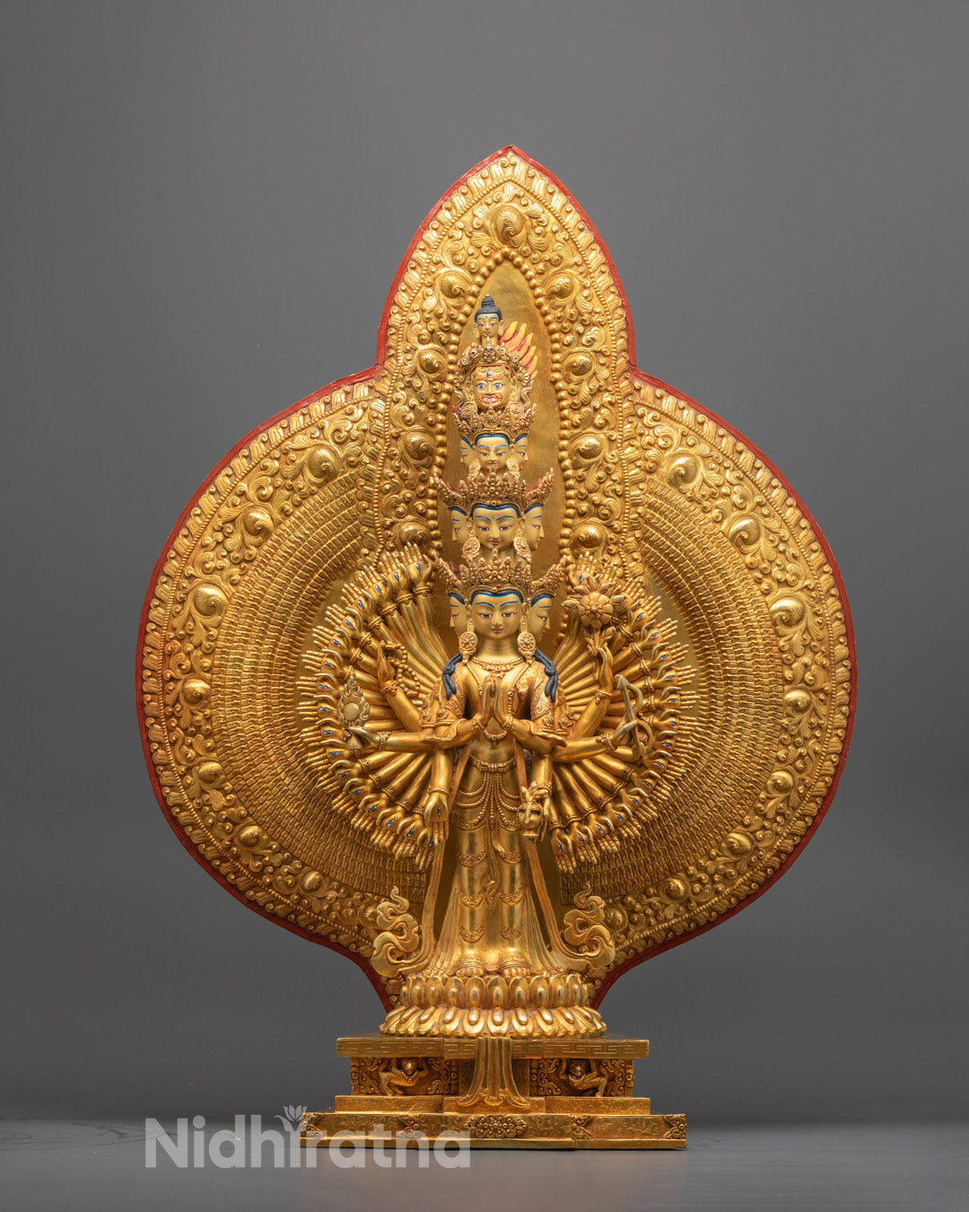 Front view of 1000-Armed Chenrezig Statue hand-carved from copper