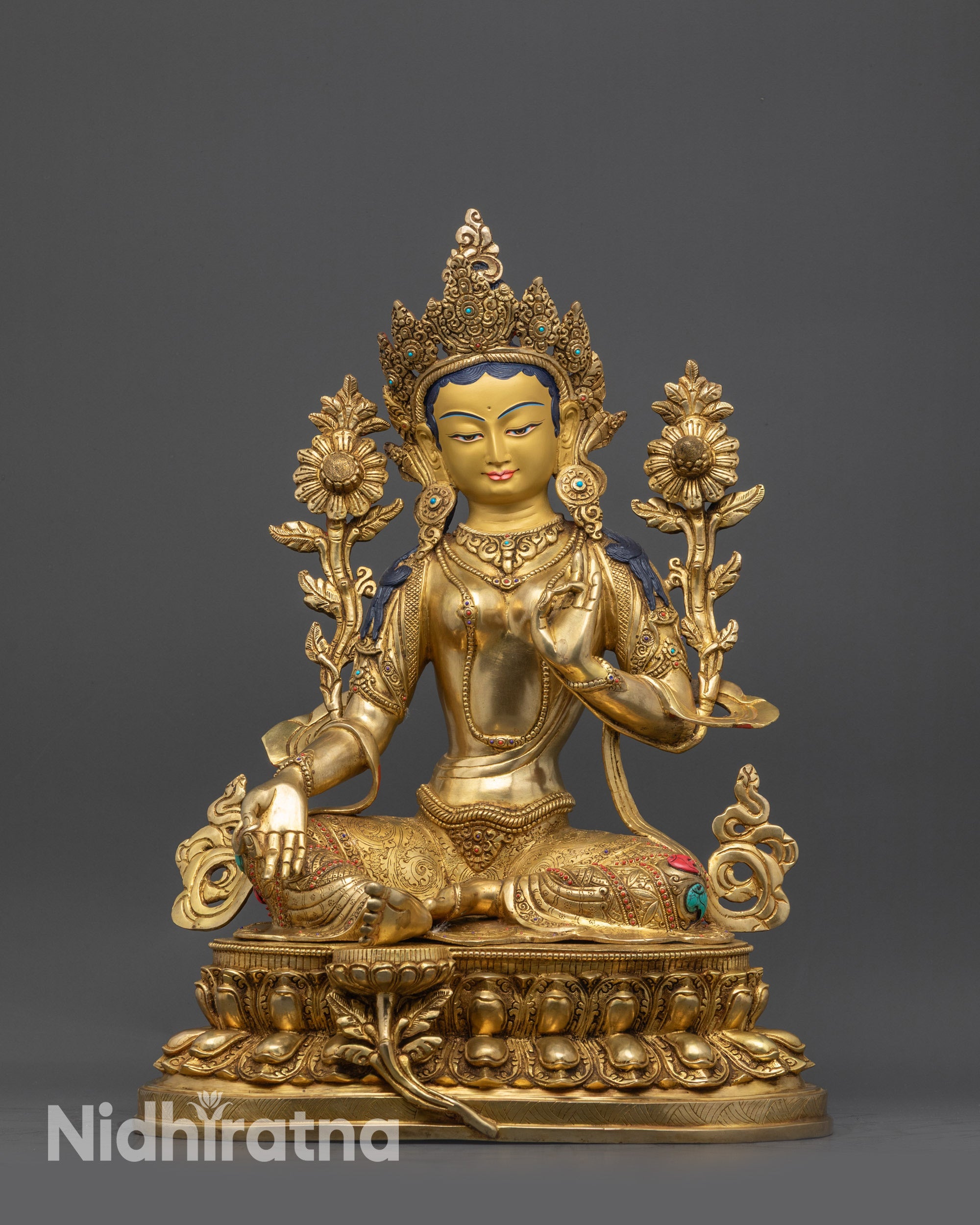 Front view of 18-inch Green Tara Meditation Statue with gold-gilded face and lotus seat