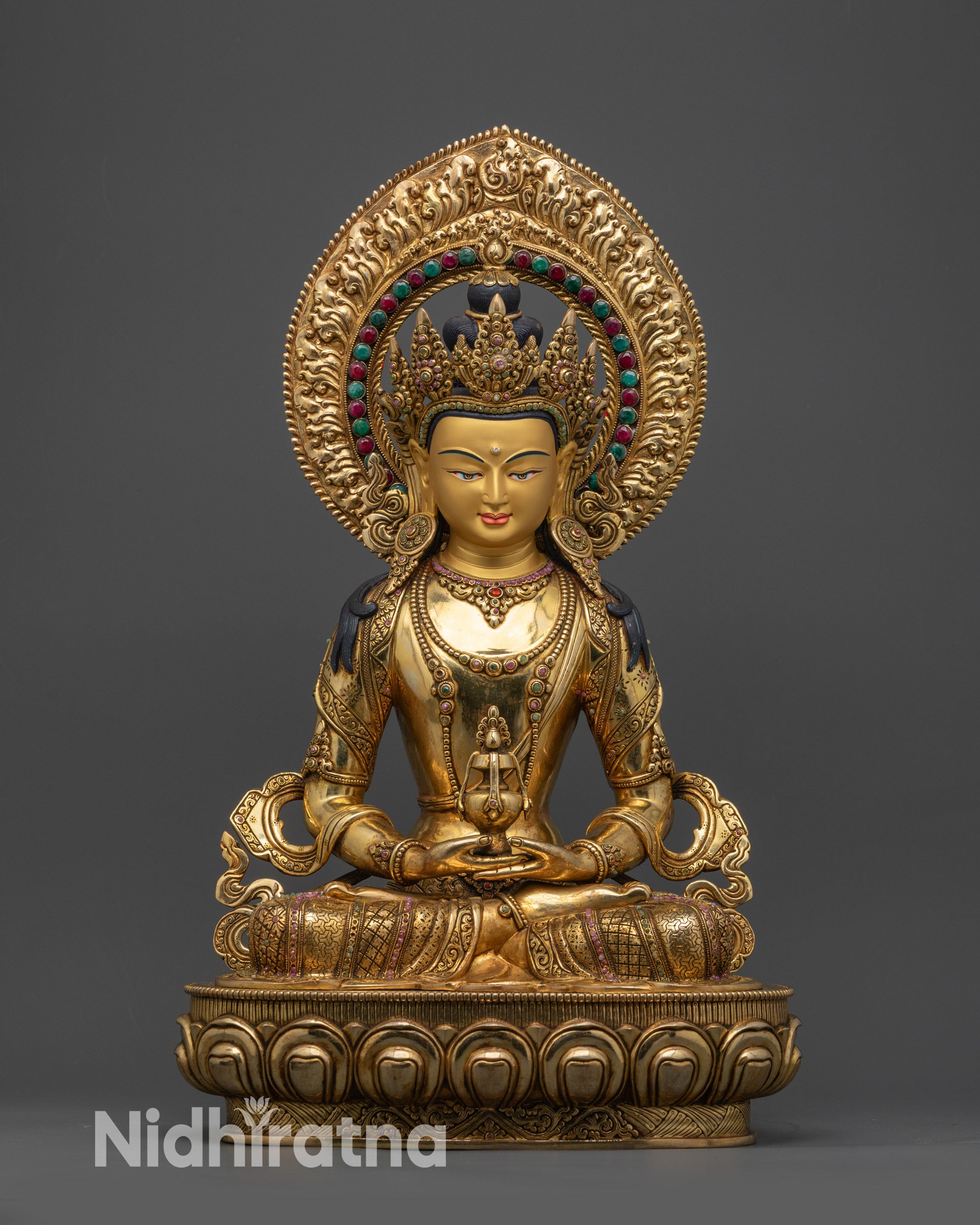 Front view of 19" Amitayus Statue with gold-gilded face and lotus pedestal