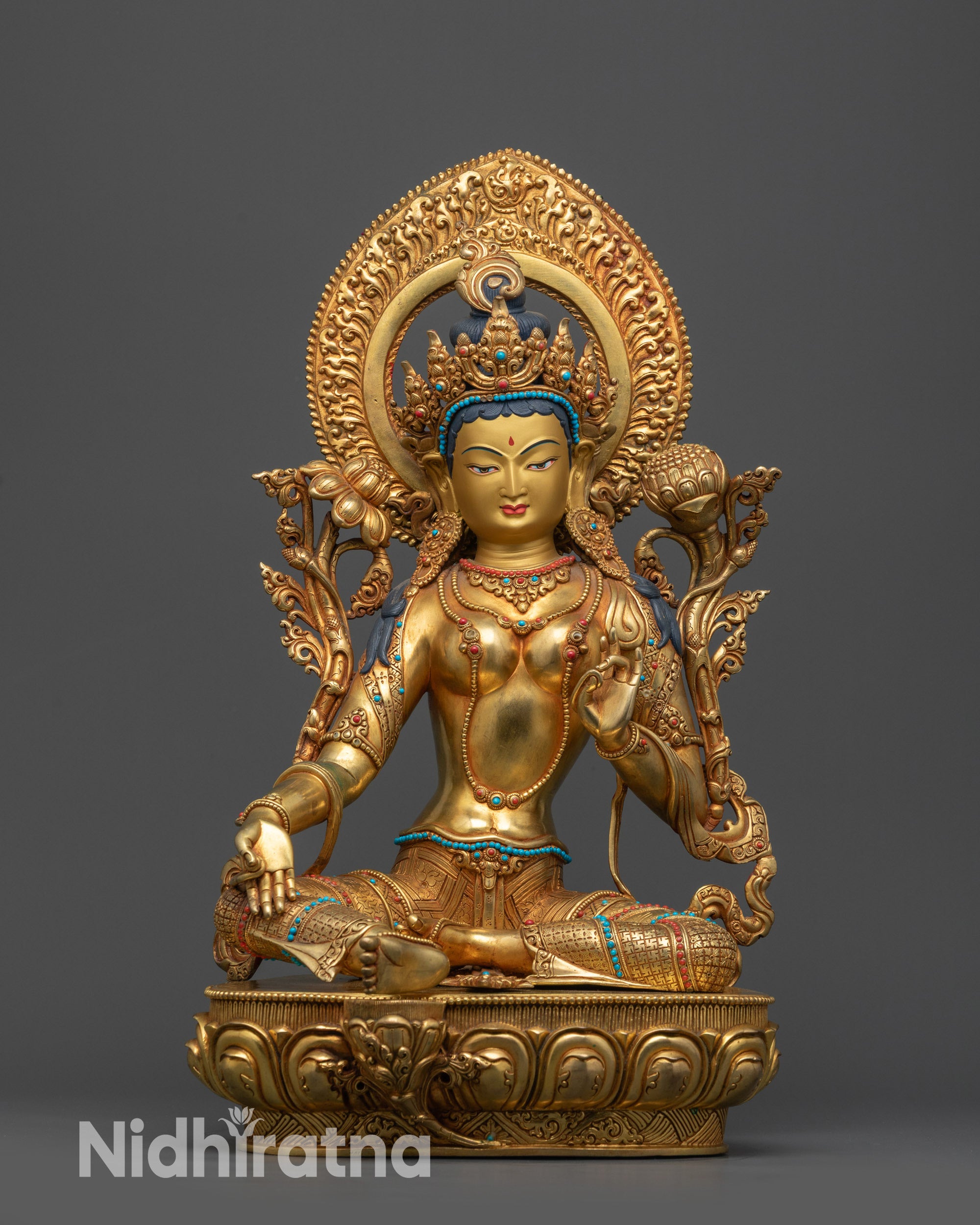 Front view of 24K Gold-Gilded Green Tara Statue on lotus base with halo and crown