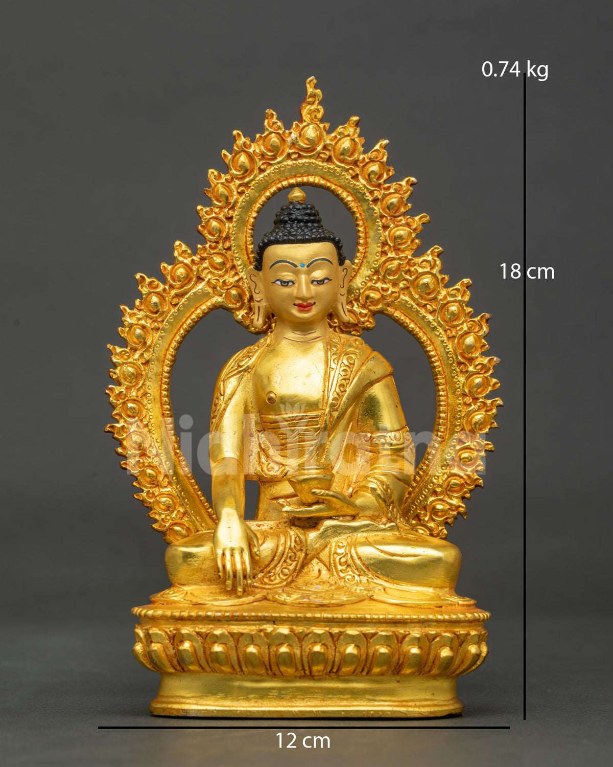 Front view of 24K gold fire-gilded copper Shakyamuni Buddha statue in Bhumisparsha mudra