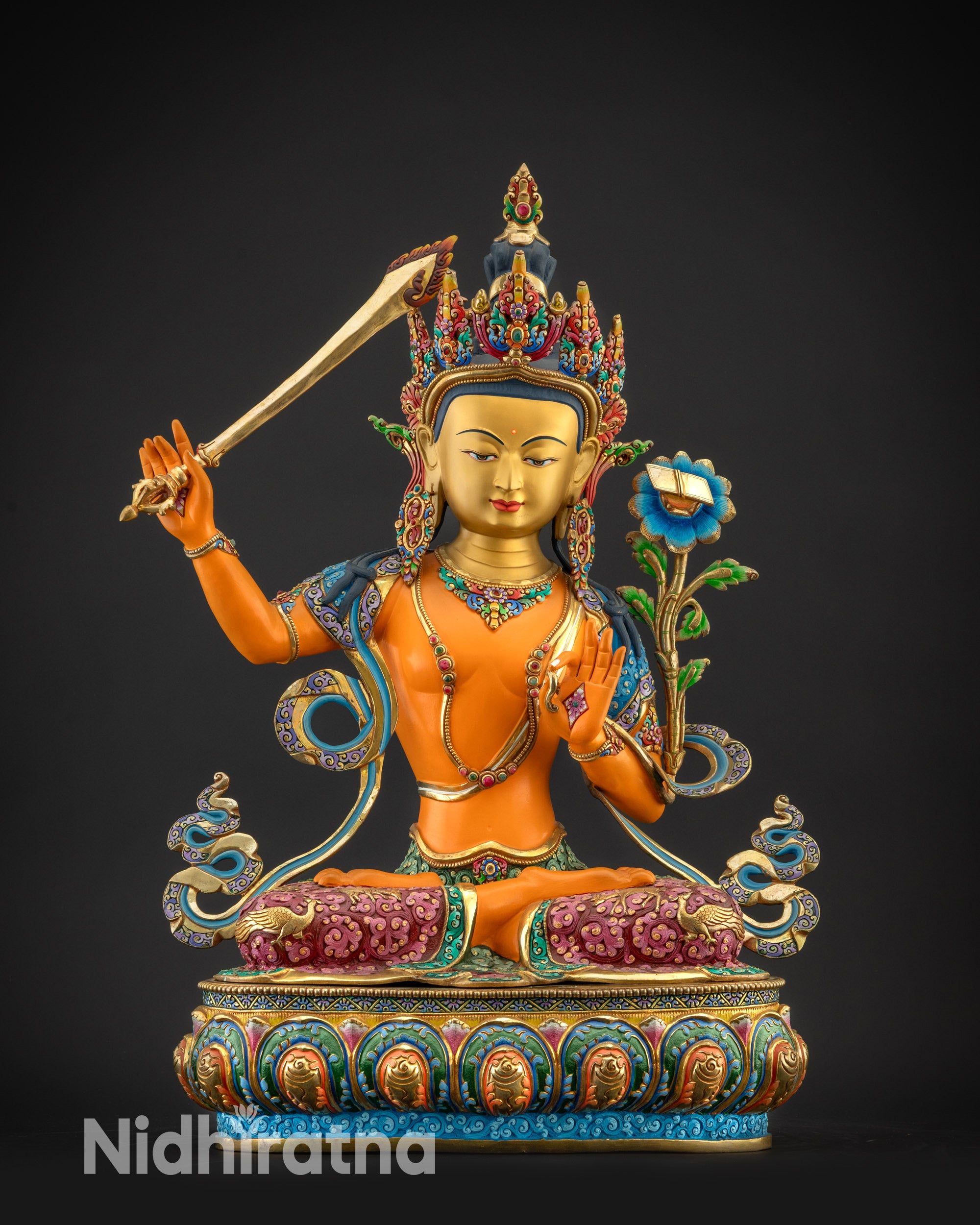 Front view of 25-inch Manjushri Buddha statue with gold-gilded face and lotus base