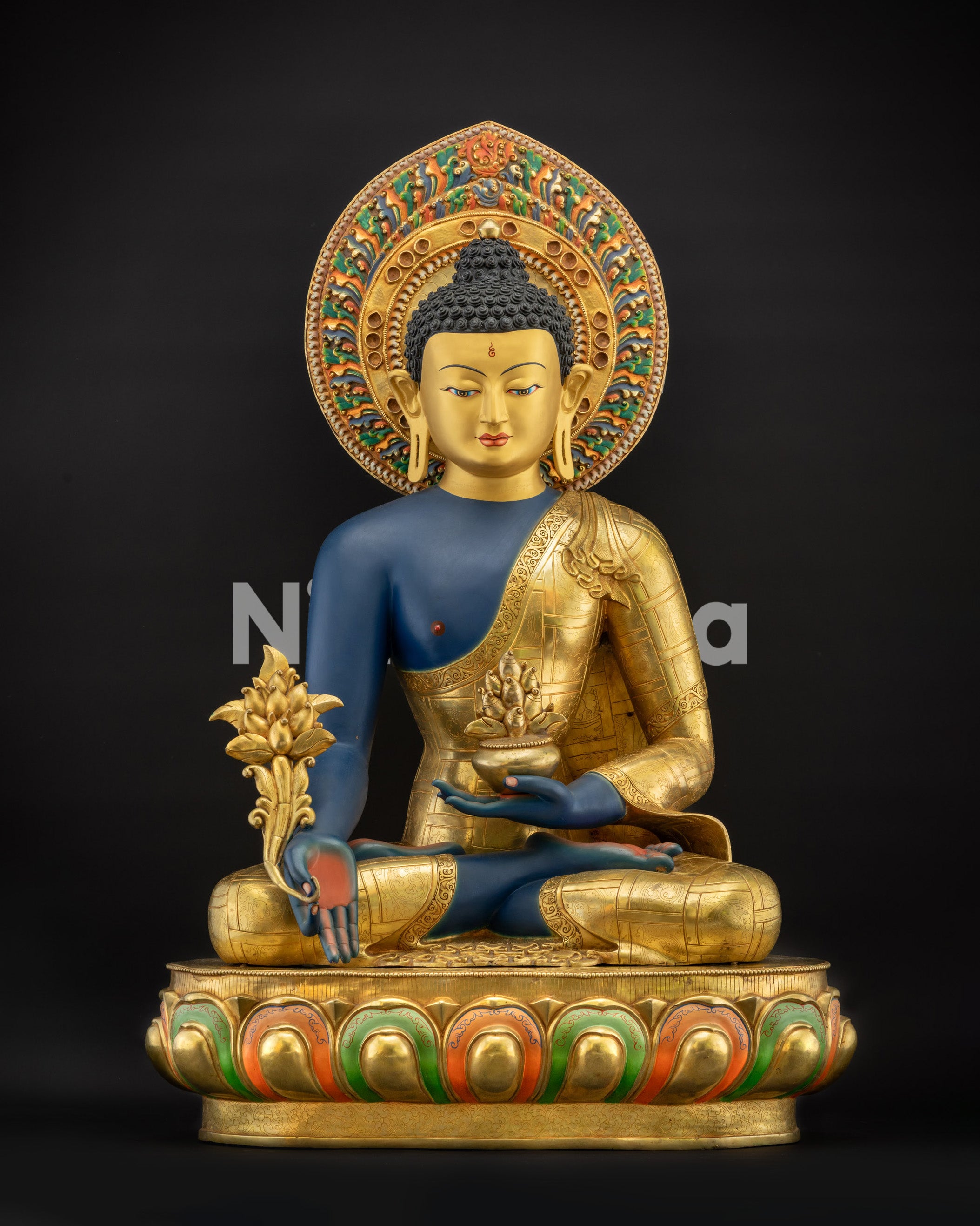 Front view of 44" Healing Medicine Buddha Statue seated in Padmasana with detailed robes