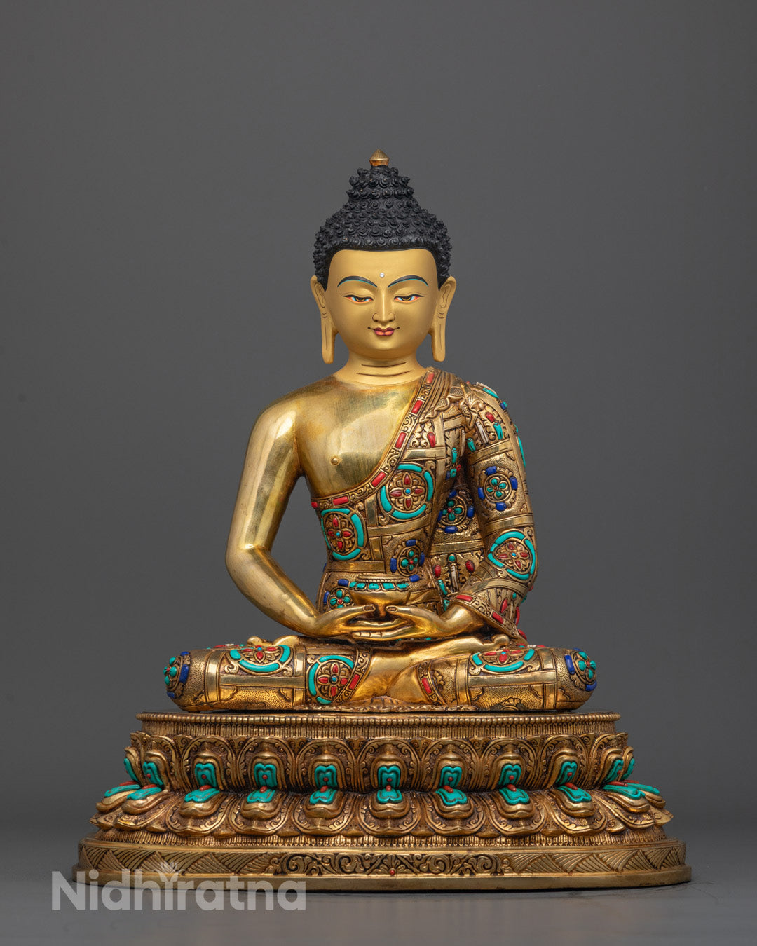 Front view of Amitabha Tathagata Sculpture with gold-gilded face and turquoise stones