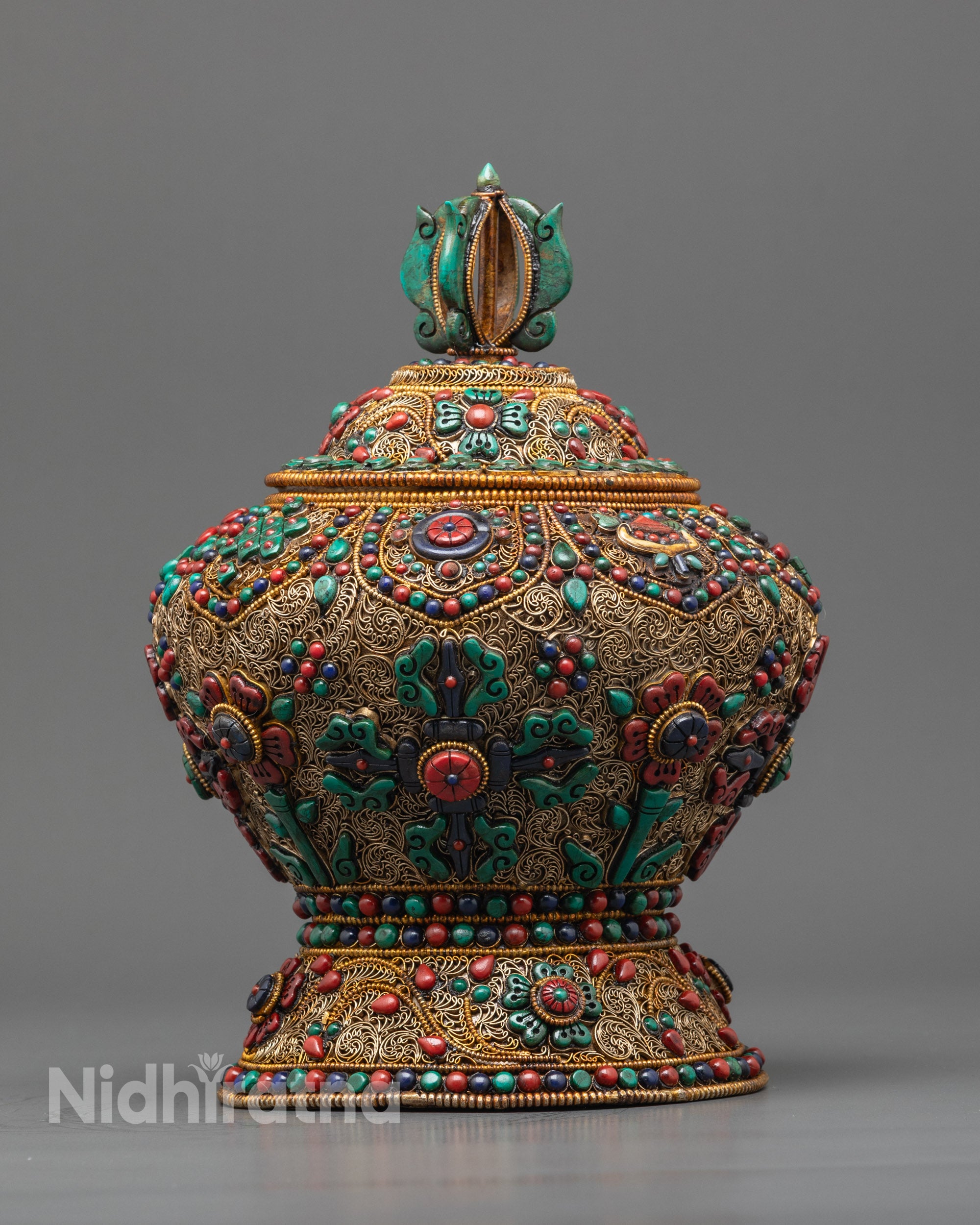 Front view of Ashtamangala Tibetan Ricepot with copper filigree and semi-precious stones