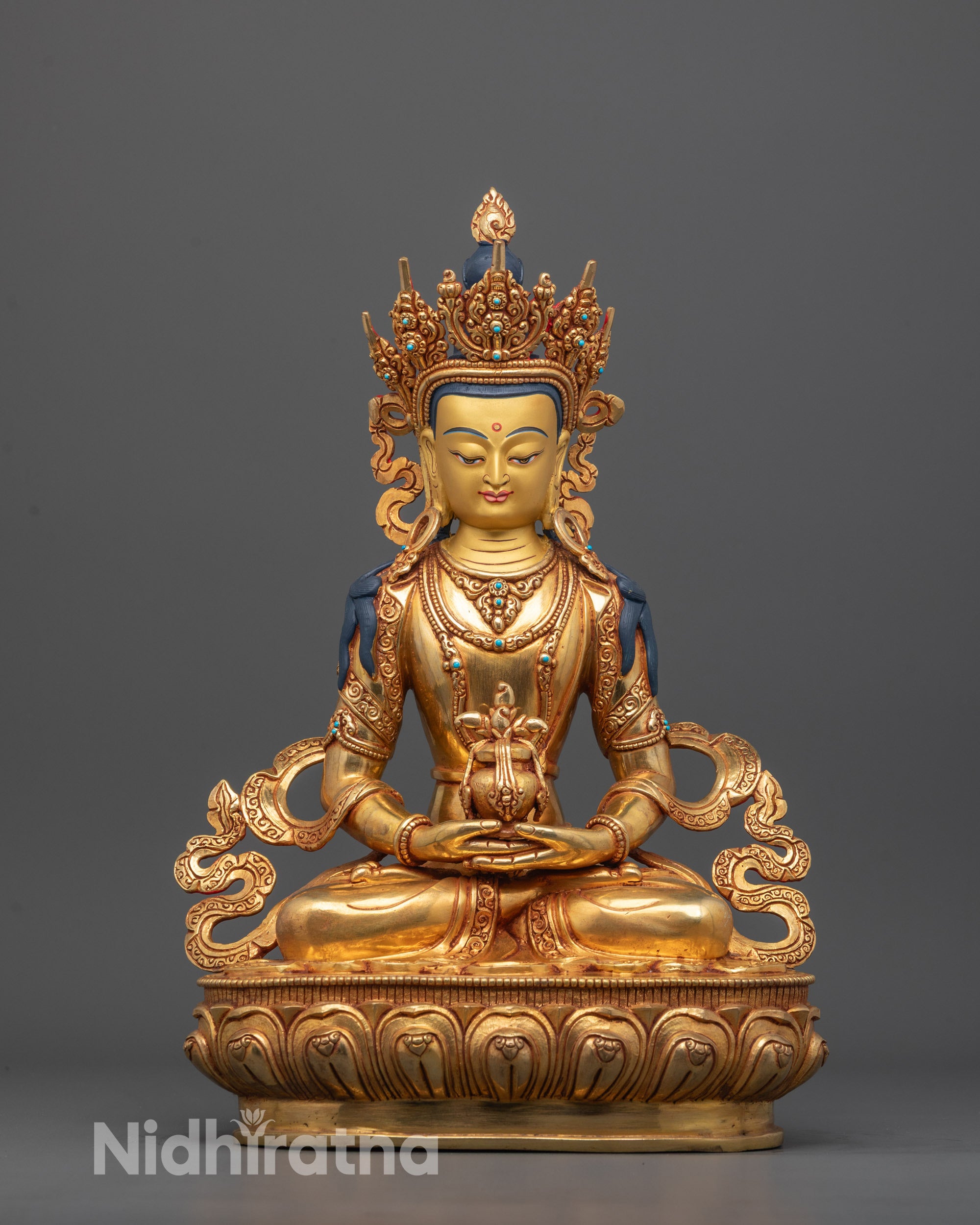 Front view of Authentic Amitayus Statue with gold gilding and lotus throne detailed carvings