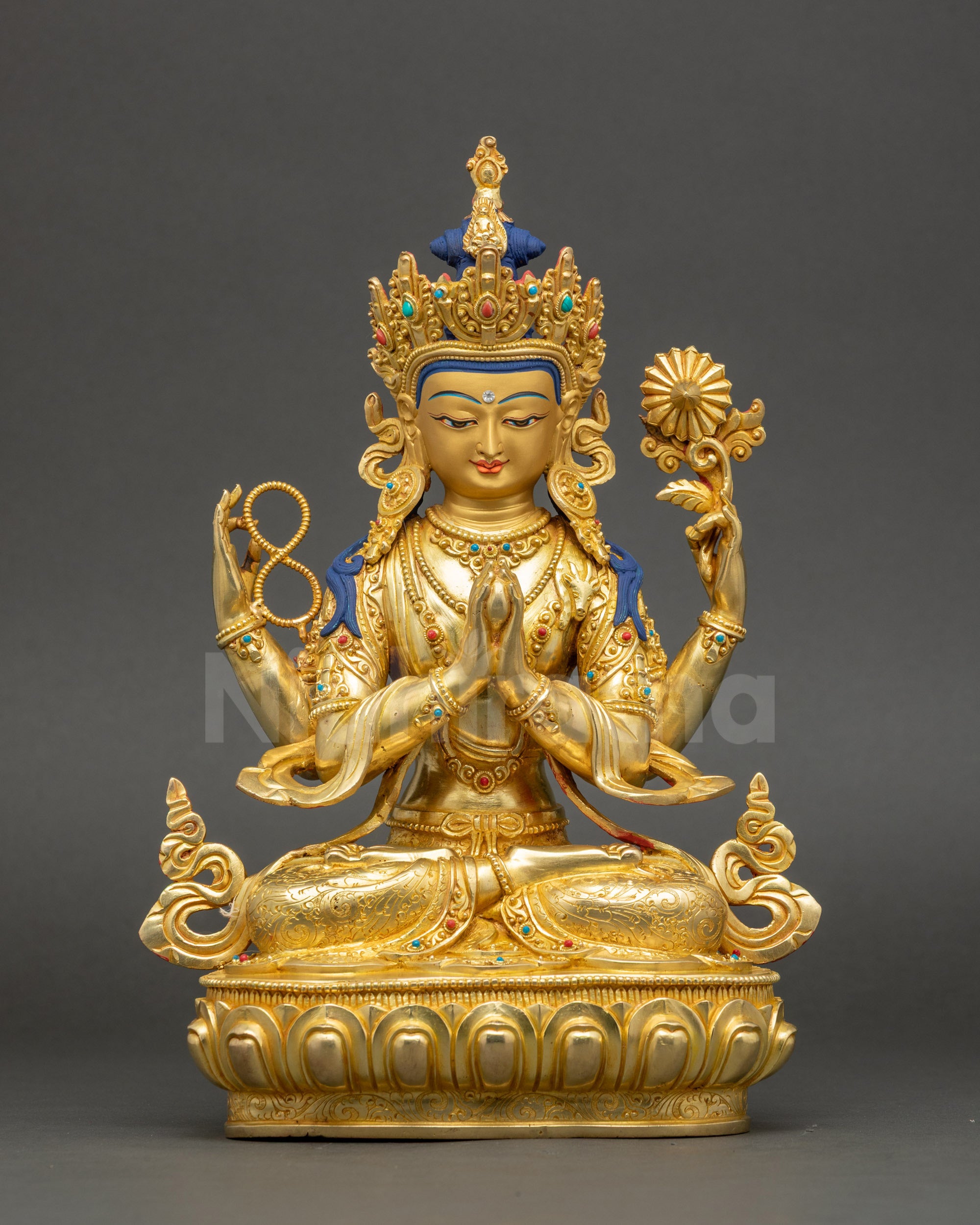 Front view of Chenrezig Avalokiteshvara statue, copper sculpture with gold fire-gilding