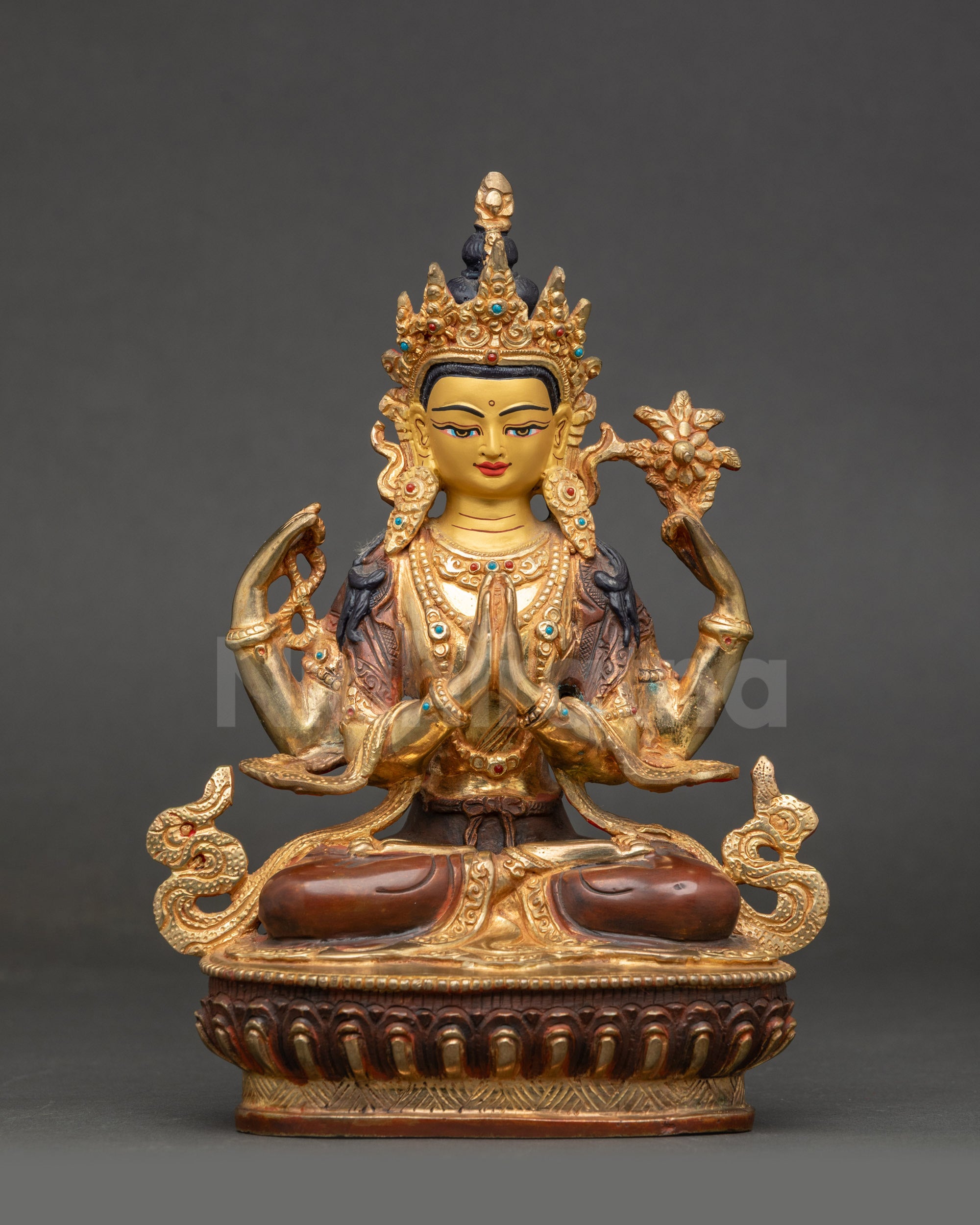 Front view of Chenrezig Bodhisattva statue Nepalese Newari copper with gold gilding