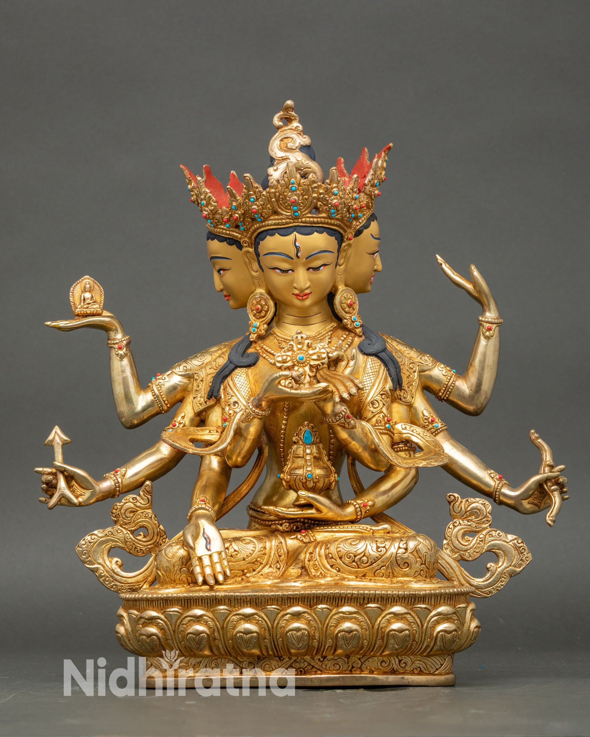 Front view of Dakini Namgyalma Statue, handcrafted Nepalese copper with 24K gold fire-gilding for meditation