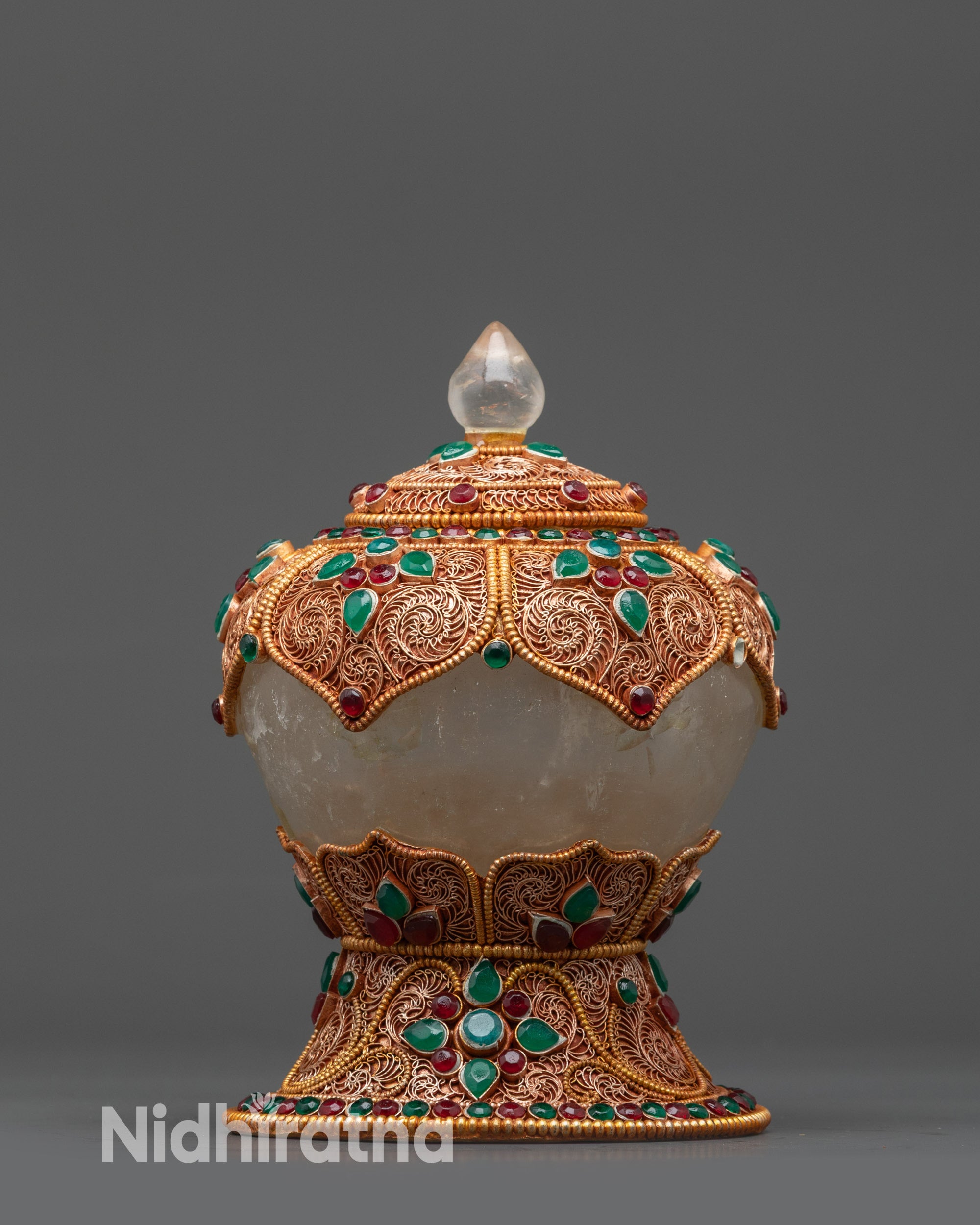 Front view of Decorative Copper Rice Pot with gold filigree and gemstone inlays