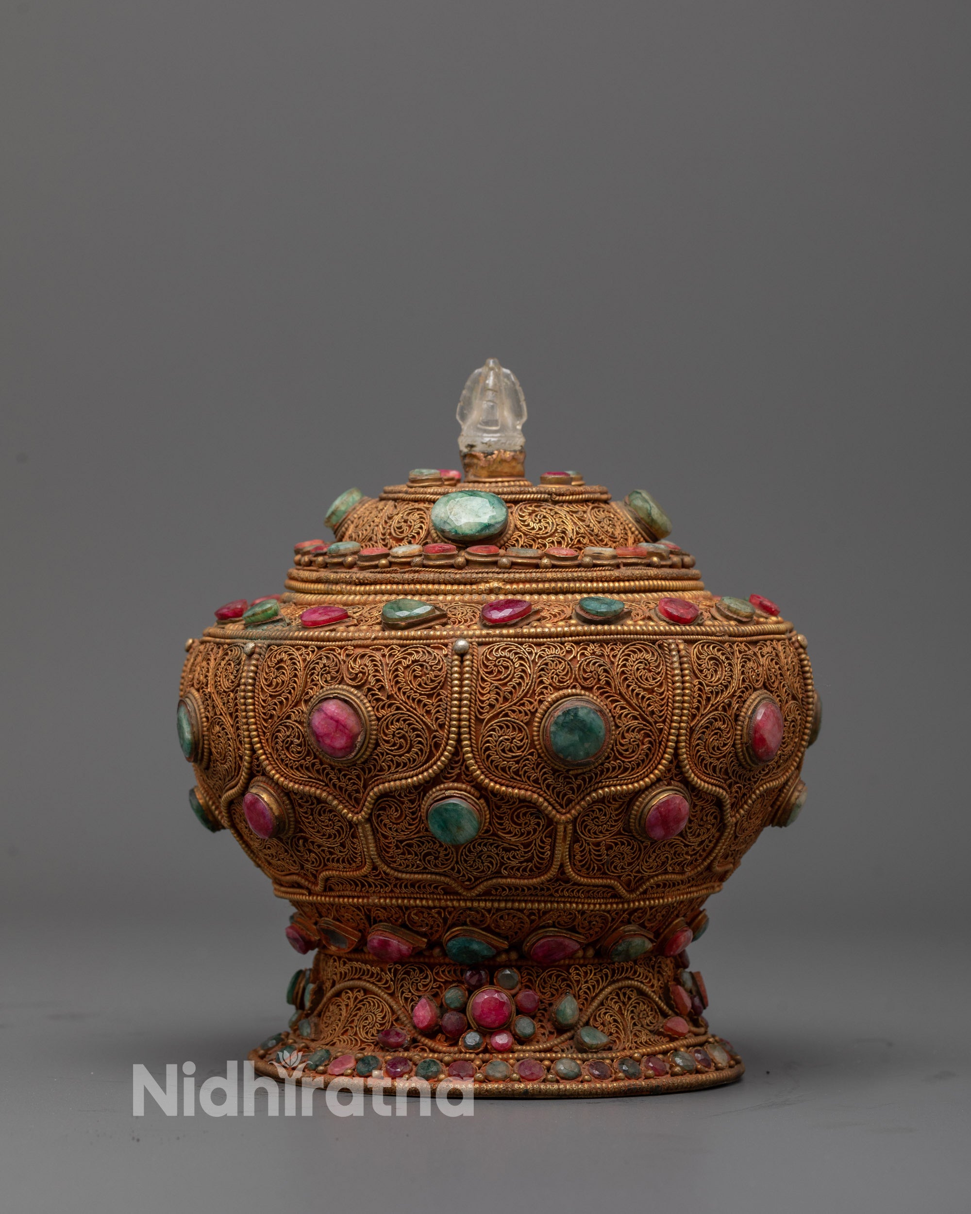 Front view of Dhirpur Rice Pot showcasing intricate gold-plated filigree and semi-precious stones