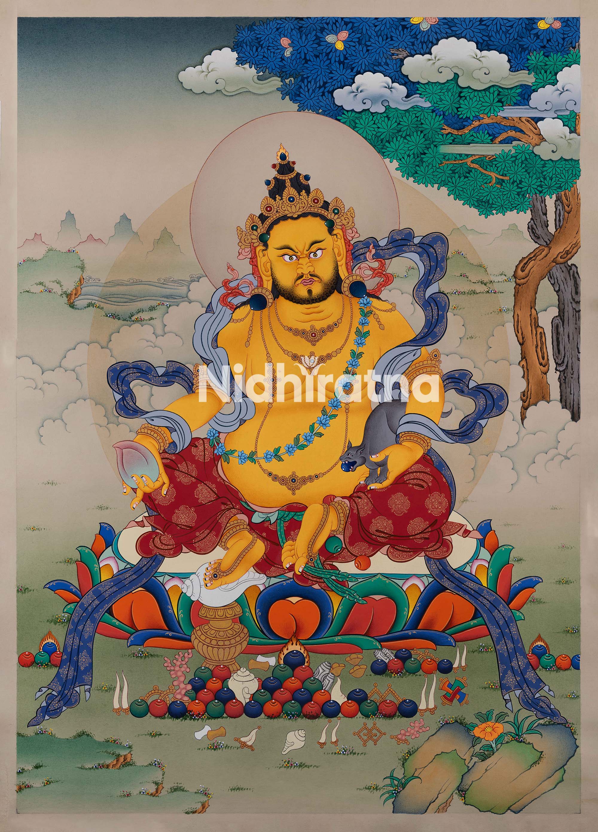Front view of Dzambhala Thangka Print on cotton canvas showing wealth deity in royal ease pose