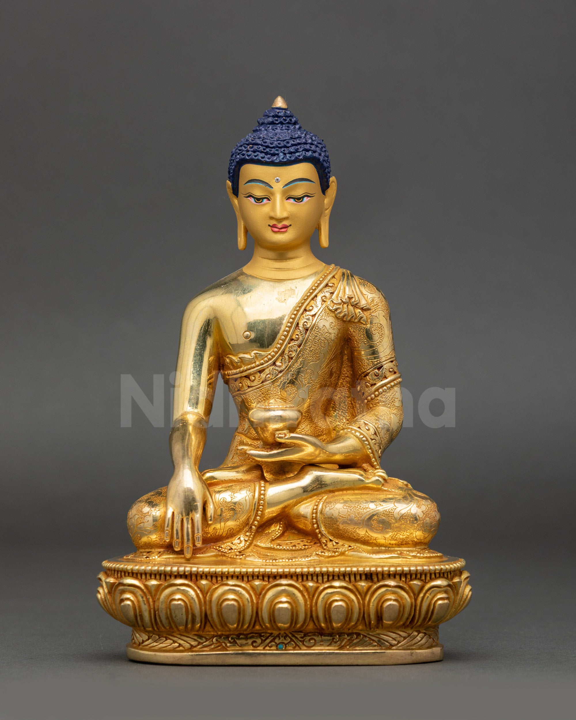 Front view of Enlightened Shakyamuni Buddha Sculpture gold-gilded Himalayan art