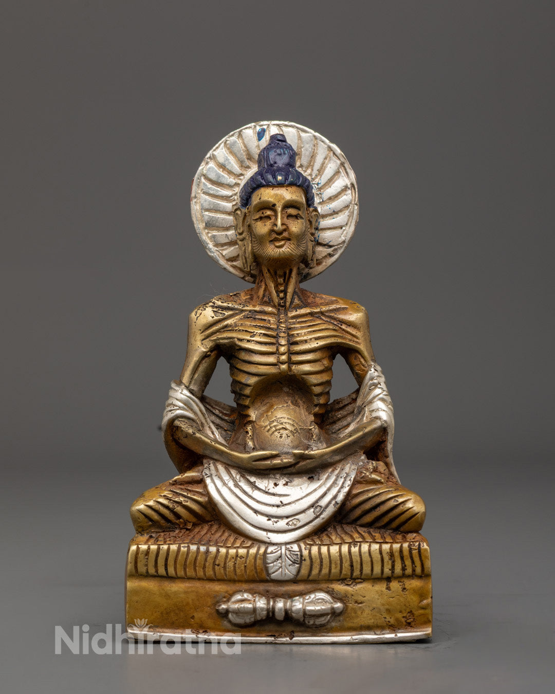 Fasting Buddha statue made from oxidized copper with silver plating and detailed hand-painted acrylic colors