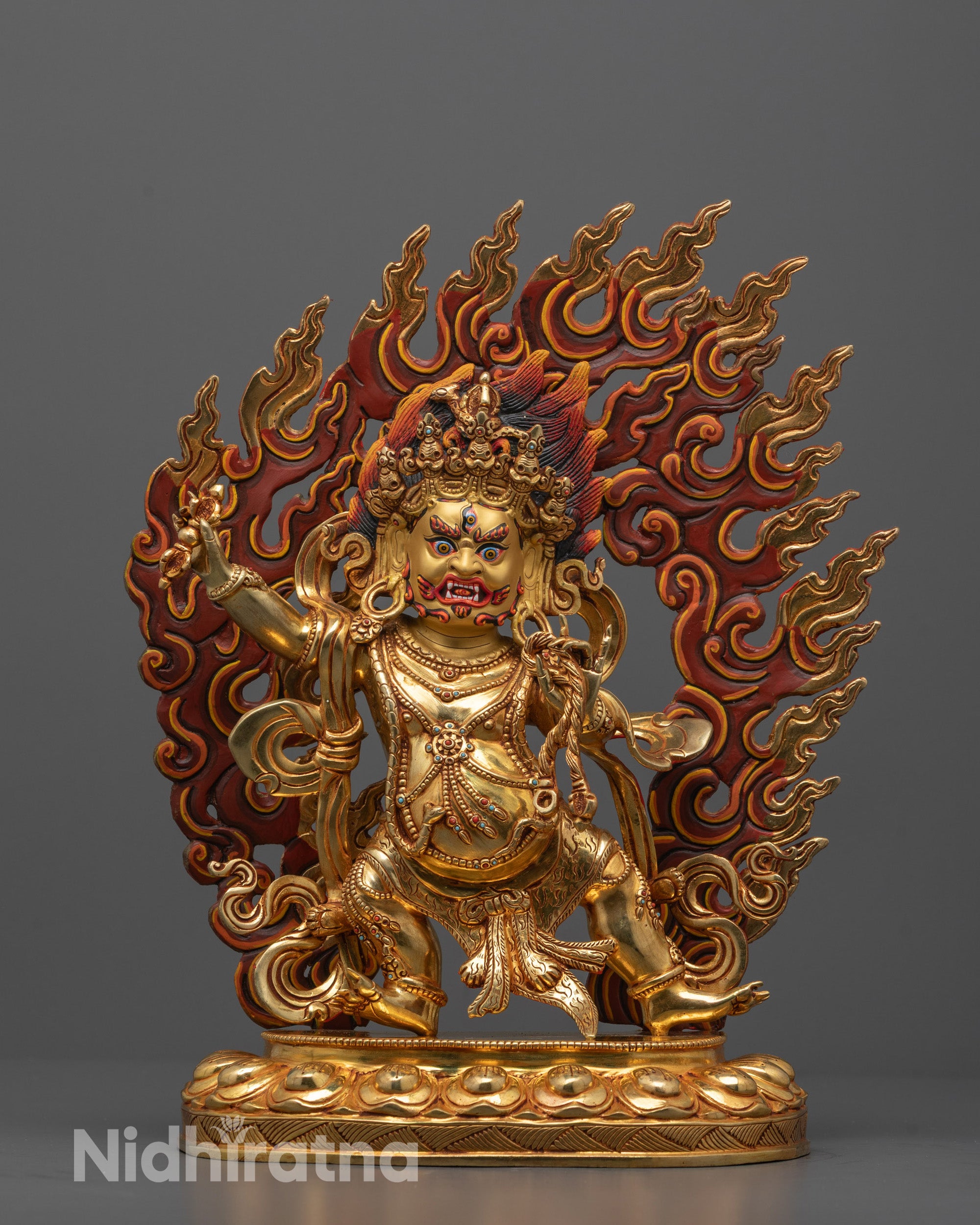 Front view of Fearsome Vajrapani Statue with 24K gold-gilded face and blazing halo