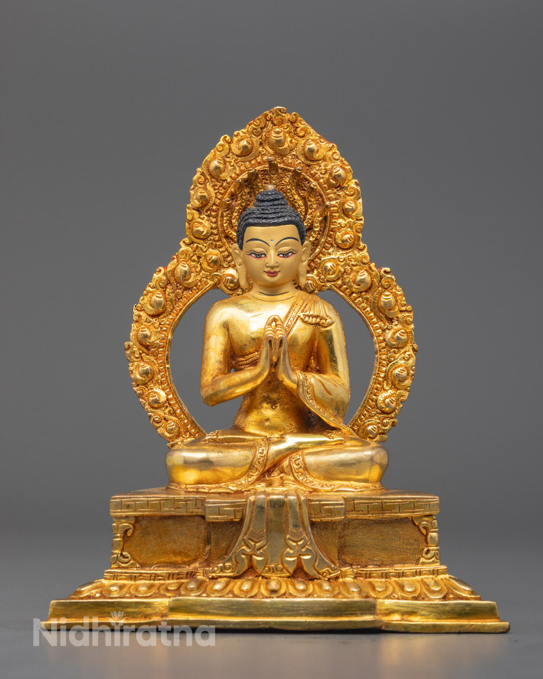 Front view of Fire Gold Plated Vairocana Buddha statue with gold-gilded face and acrylic paint.
