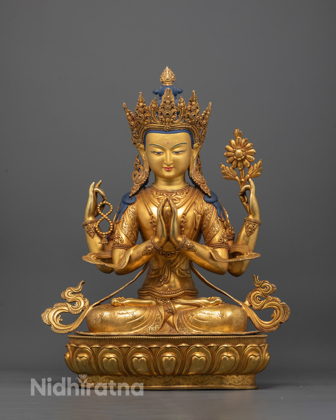 Front view of Four-Armed Chenrezig Statue hand-carved from copper