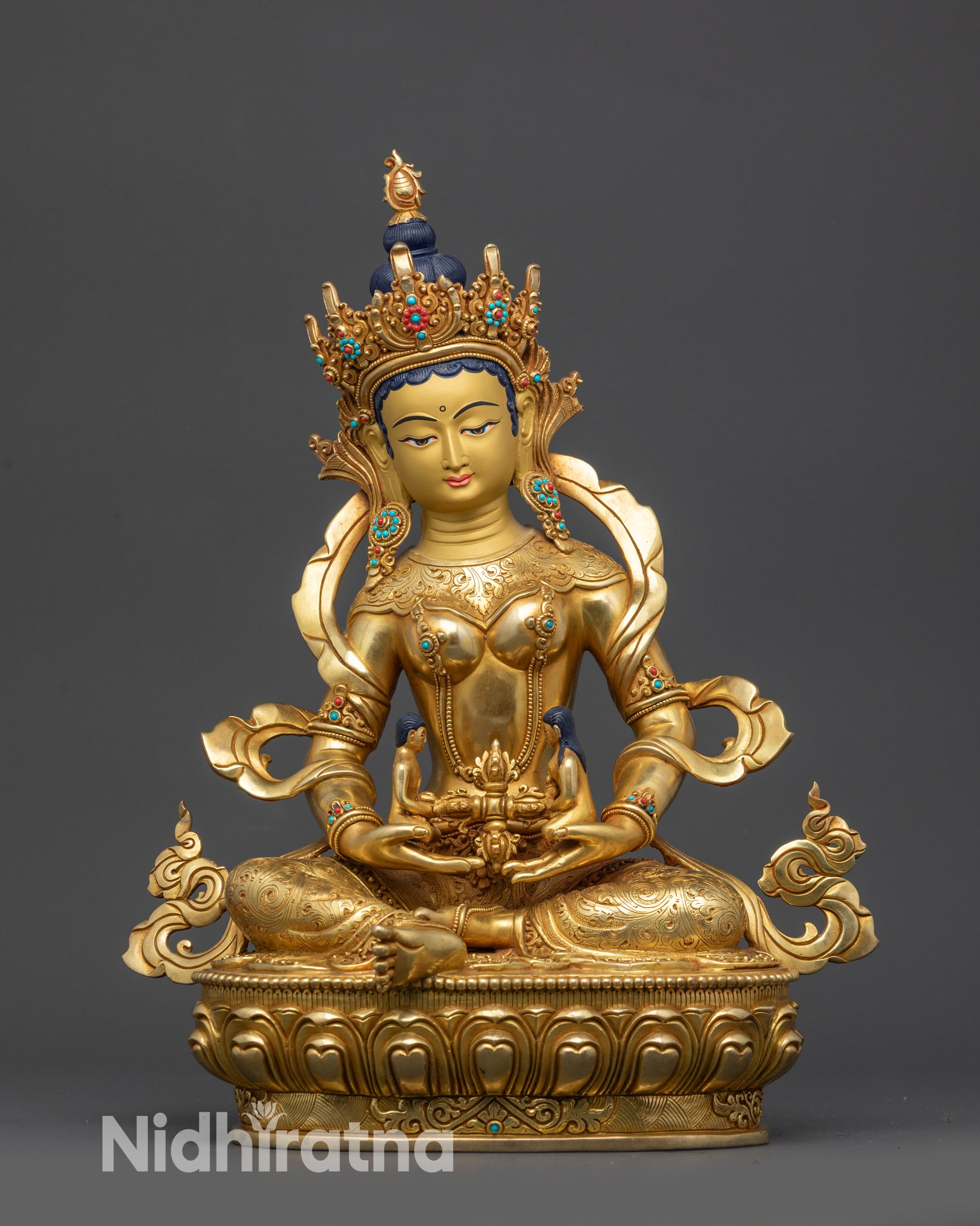 Front view of Gold-Gilded Green Tara Statue, Nepalese Buddhist goddess on lotus seat