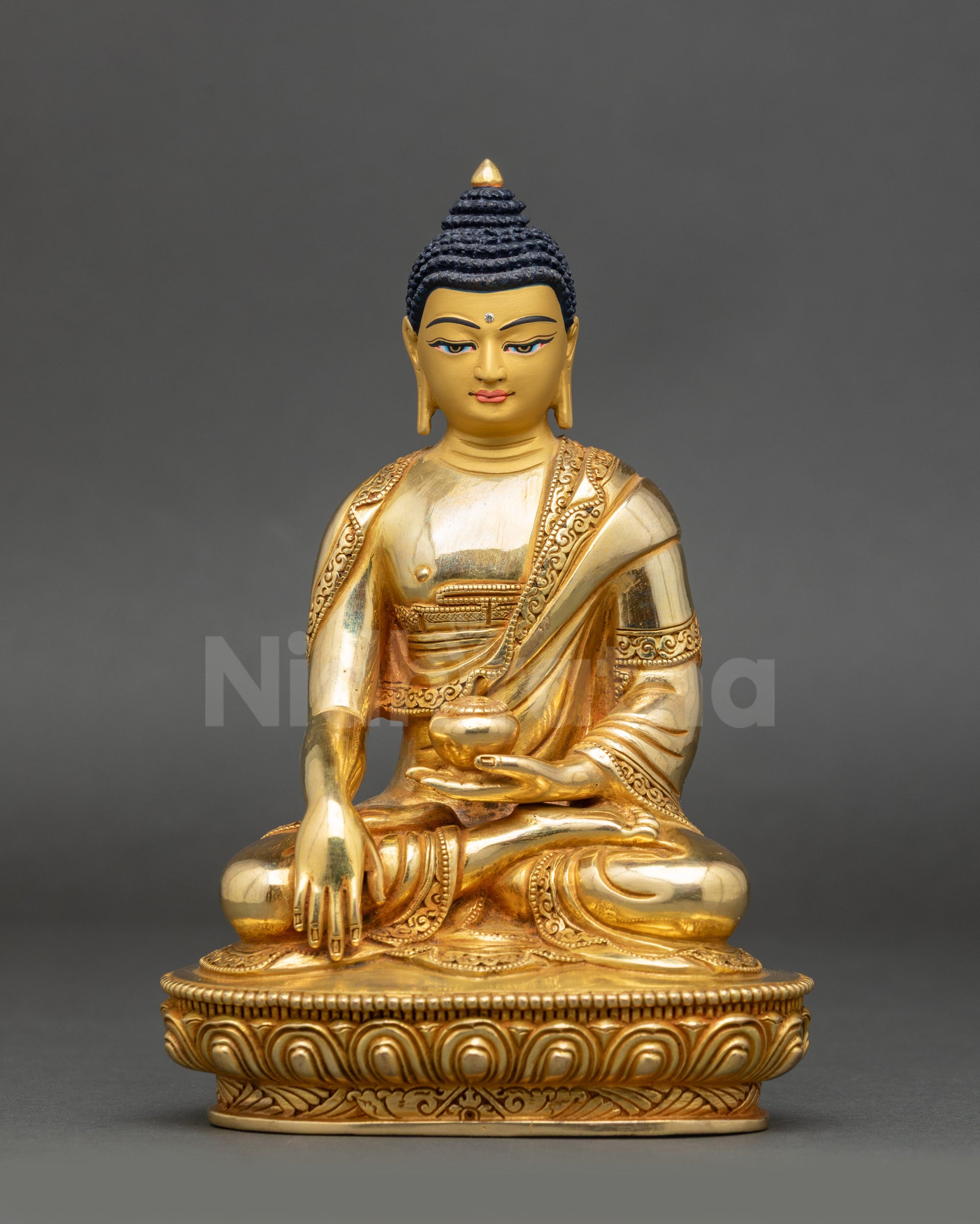 Front view of Gold-Gilded Shakyamuni Buddha Figure on lotus seat in Bhumisparsha mudra