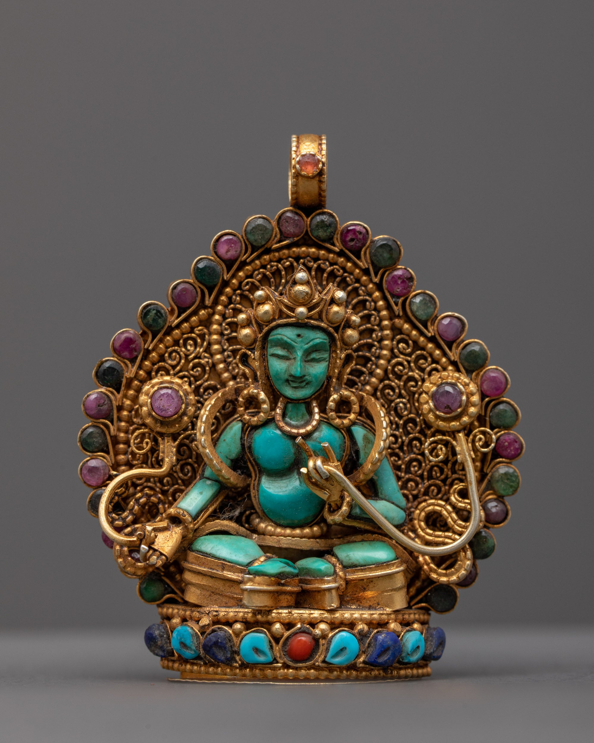 Front view of Green Tara Statue with gold filigree and turquoise, coral, lapis stones