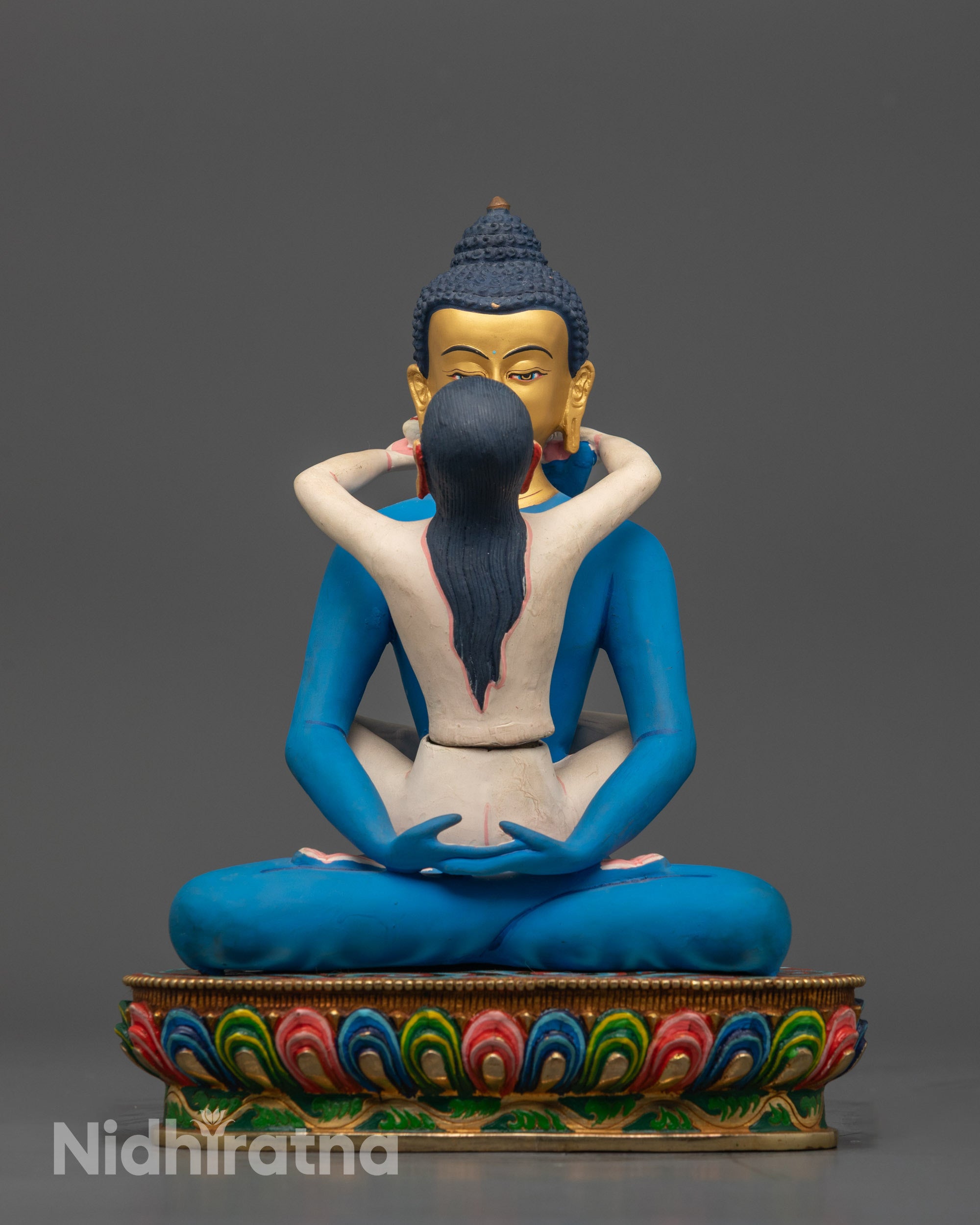 Front view of Hand-Painted Samantabhadra Yab-Yum Statue with gold-gilded faces and lotus seat