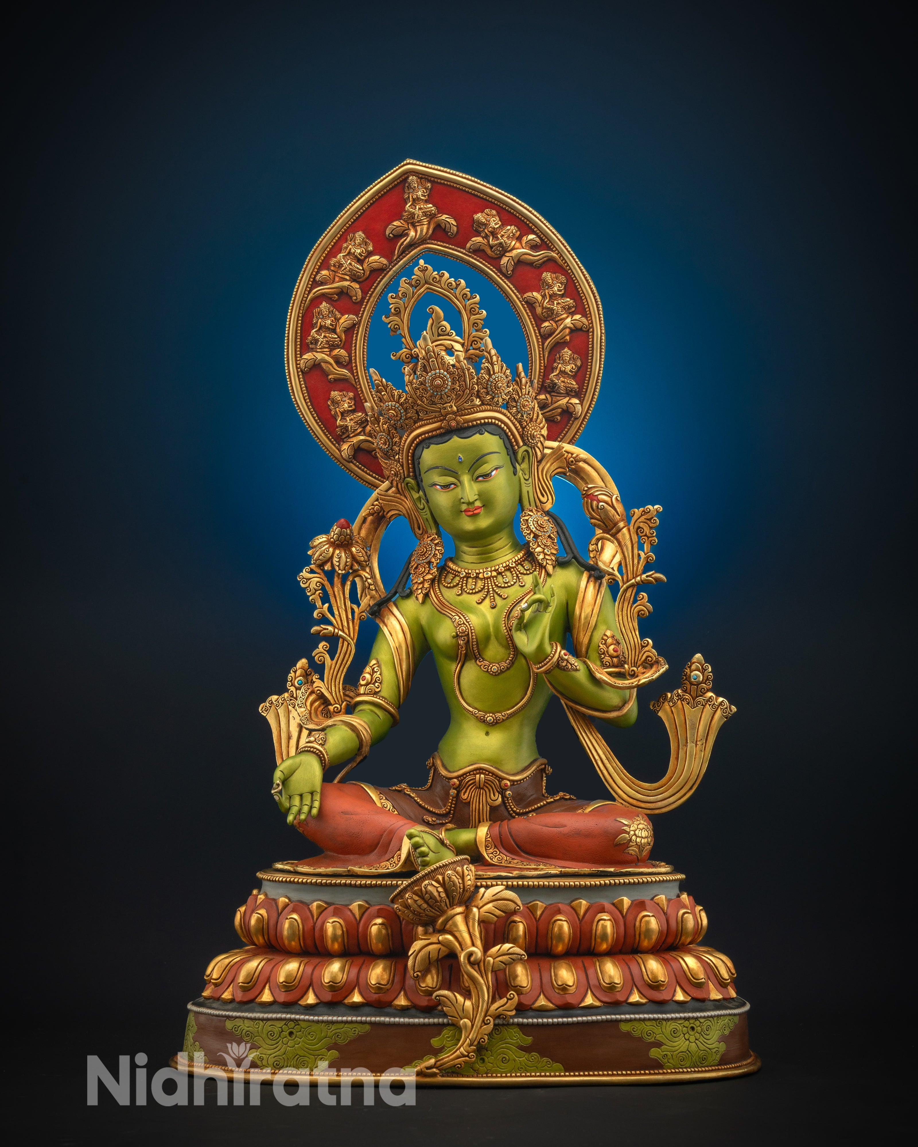 Front view of Handcrafted Green Tara Statue with gold-plated lotus seat and vibrant details