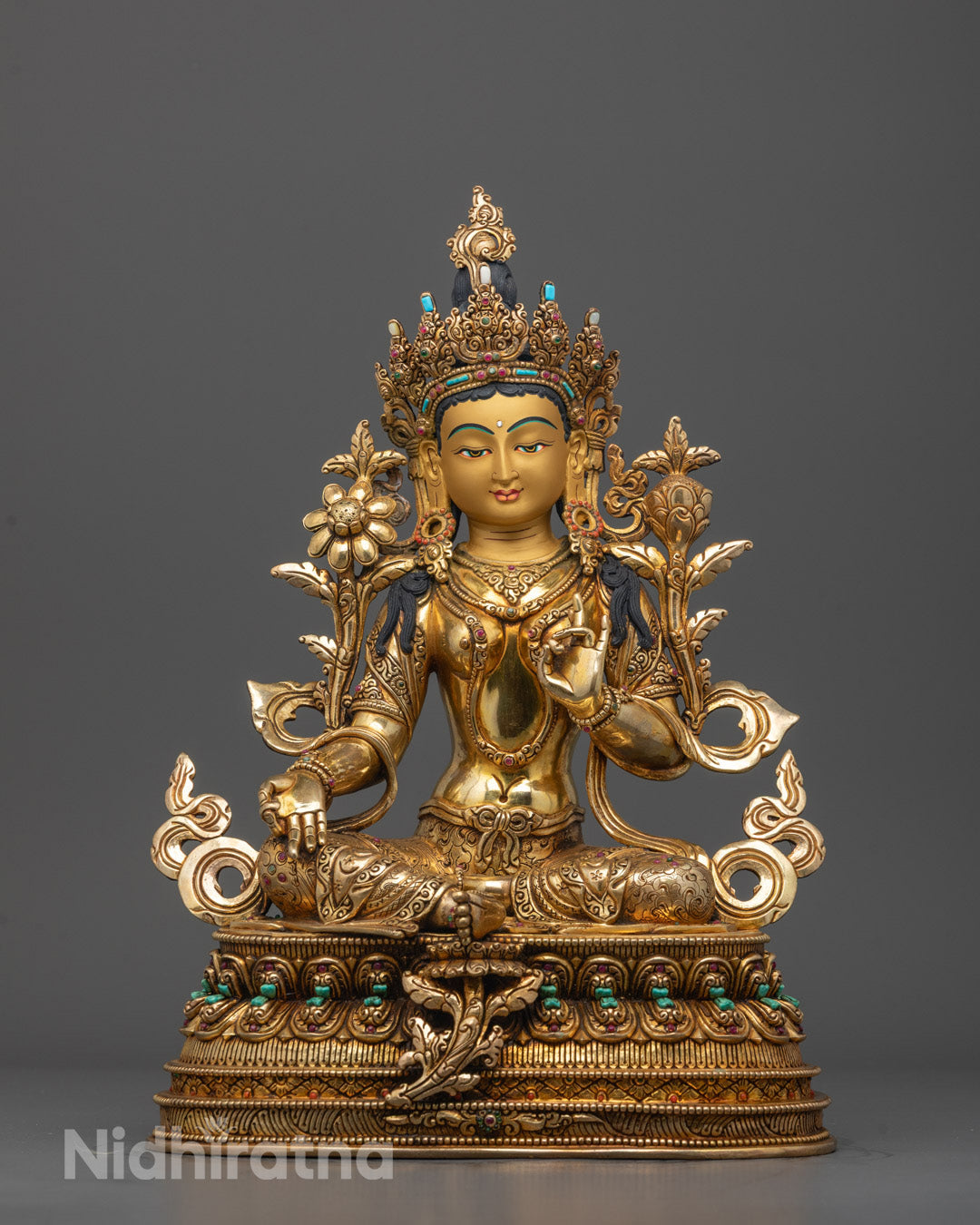 Front view of Handcrafted Green Tara Statue with 24K gold gilding and semi-precious stones