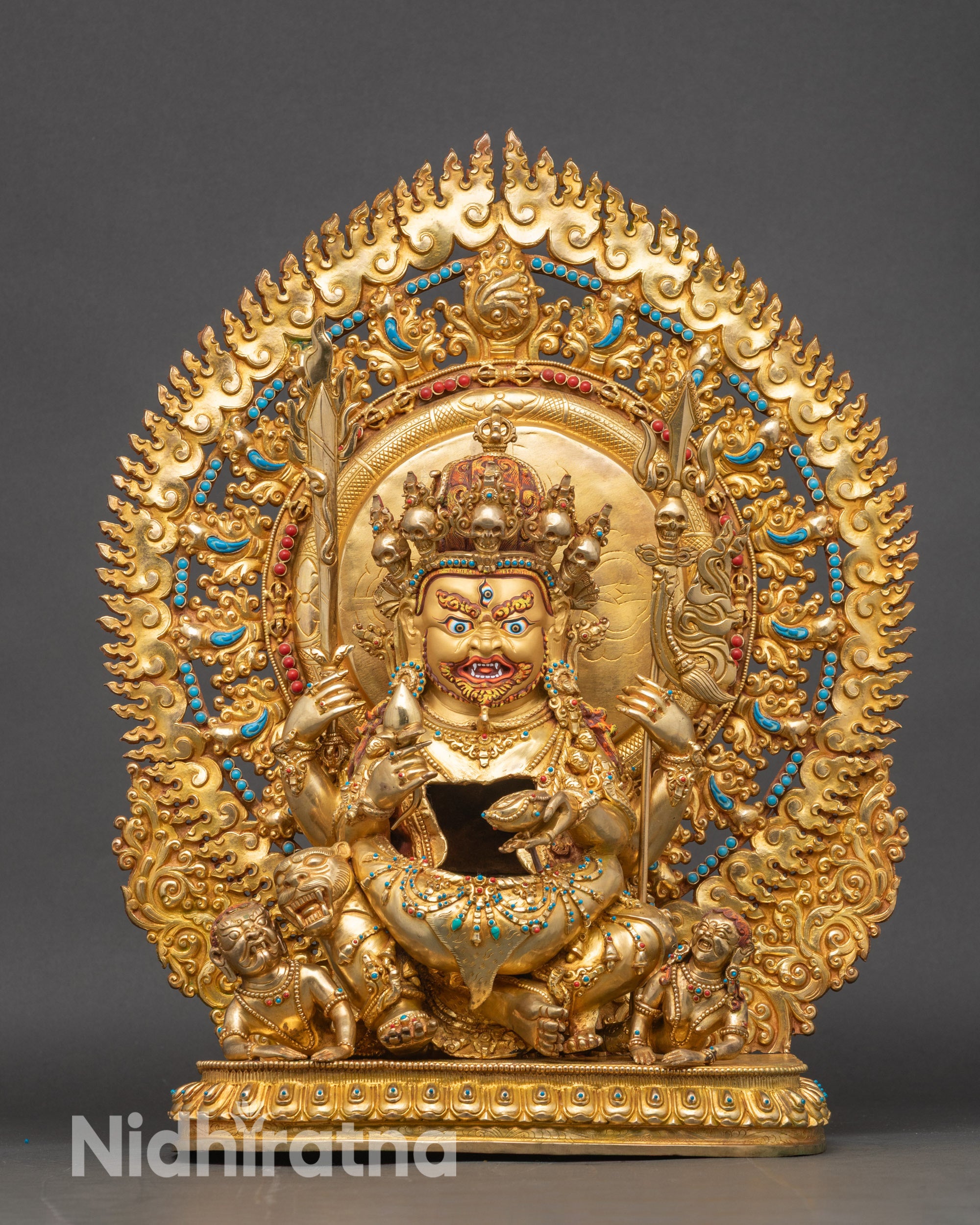 Front view of Hayagriva statue, handcrafted Nepalese copper and wrathful deity