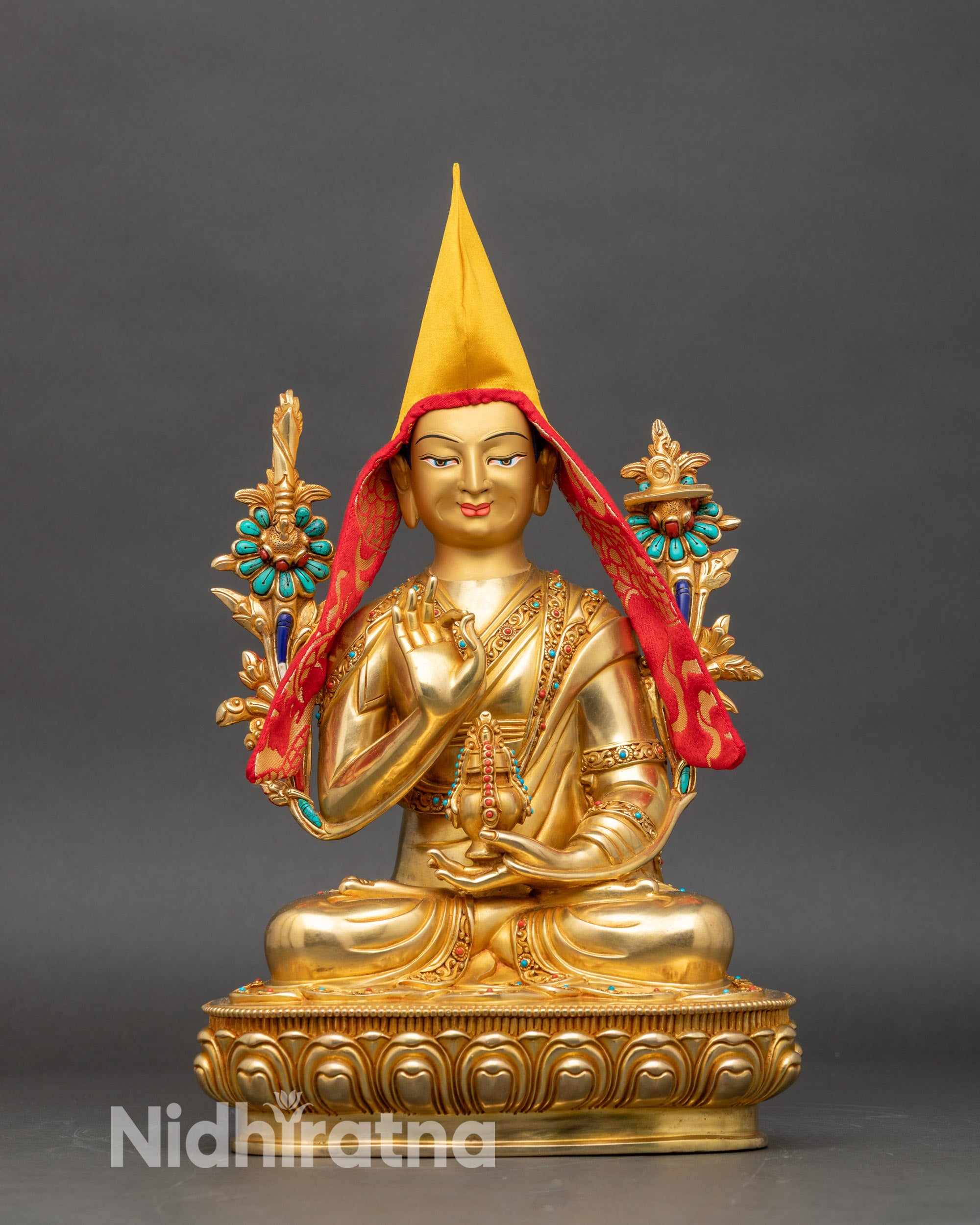 Front view of Je Tsongkhapa Lobsang Drakpa Statue on lotus pedestal, handcrafted Nepalese copper Buddhist art