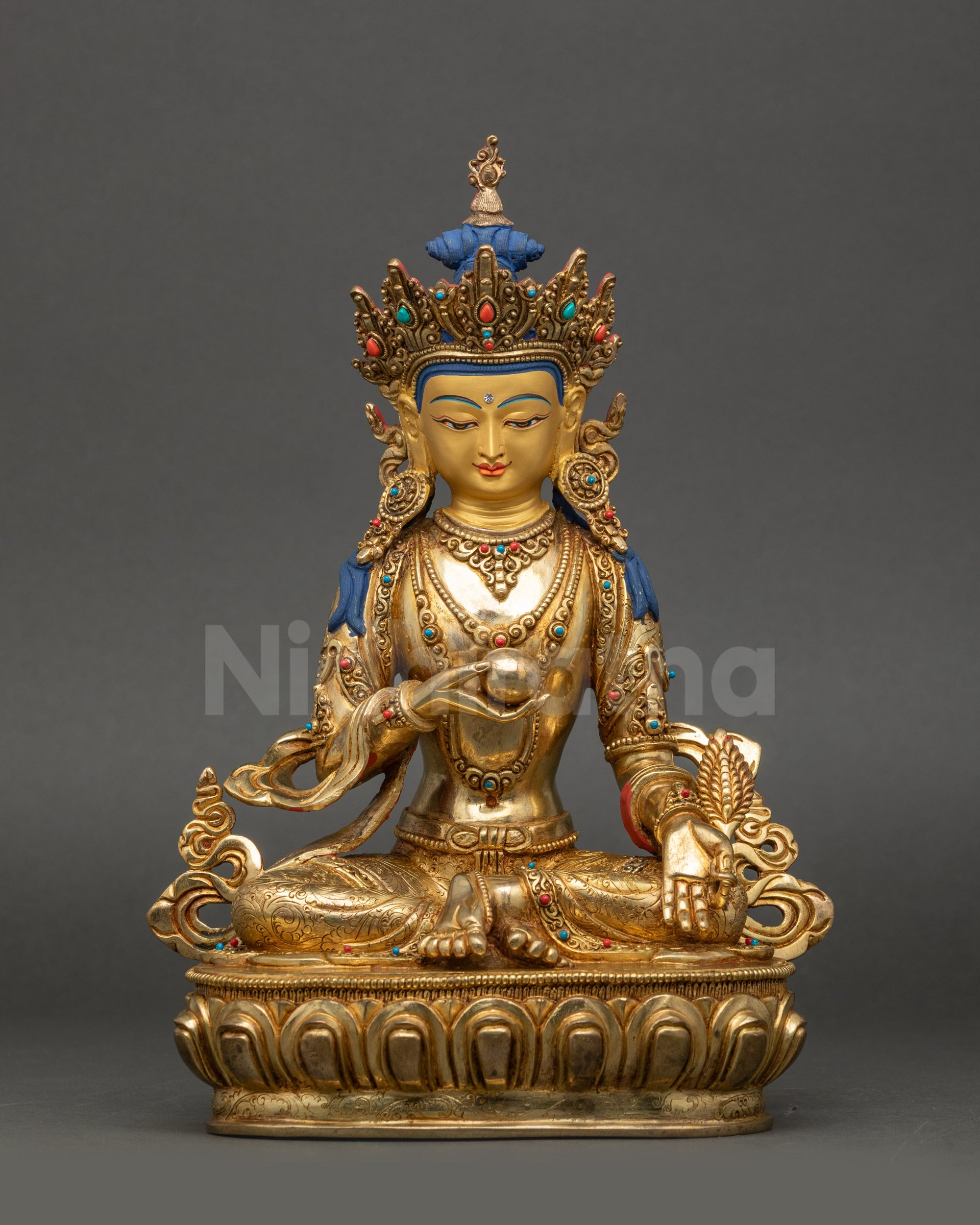 Front view of Ksitigarbha statue gold-gilded copper Buddhist Bodhisattva for home altar