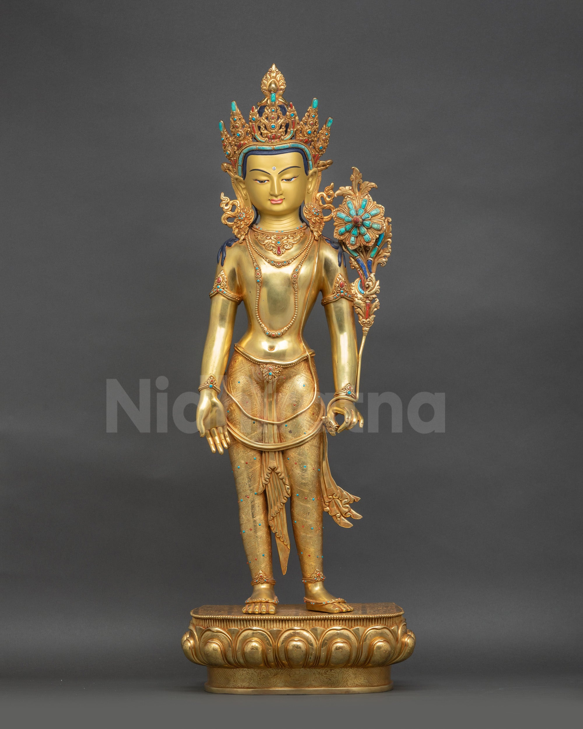Front view of Lotus-Bearer Padmapani statue handcrafted copper alloy gold-gilded