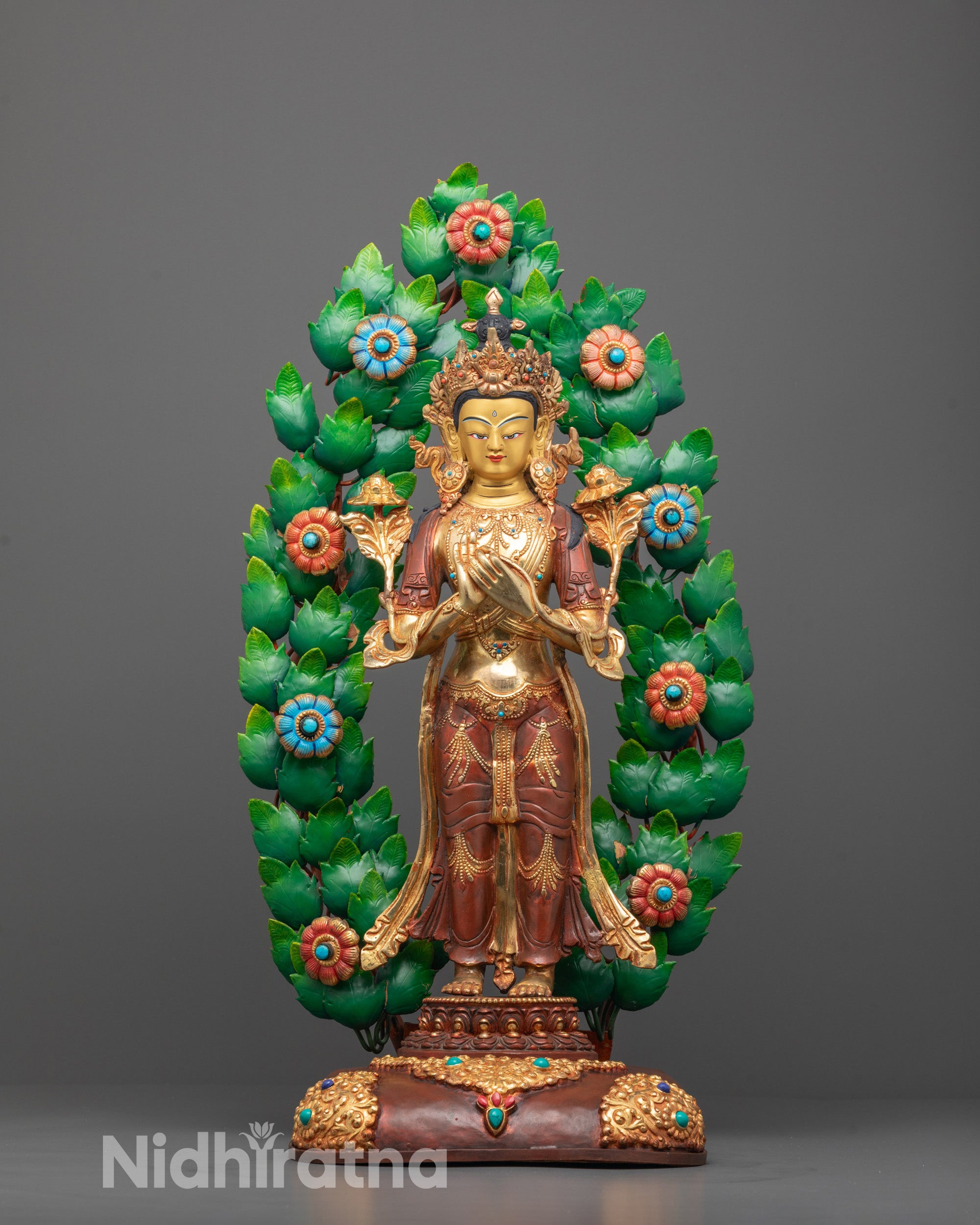 Front view of Maitreya Buddha Statue with 24k gold-gilded face and lotus throne base