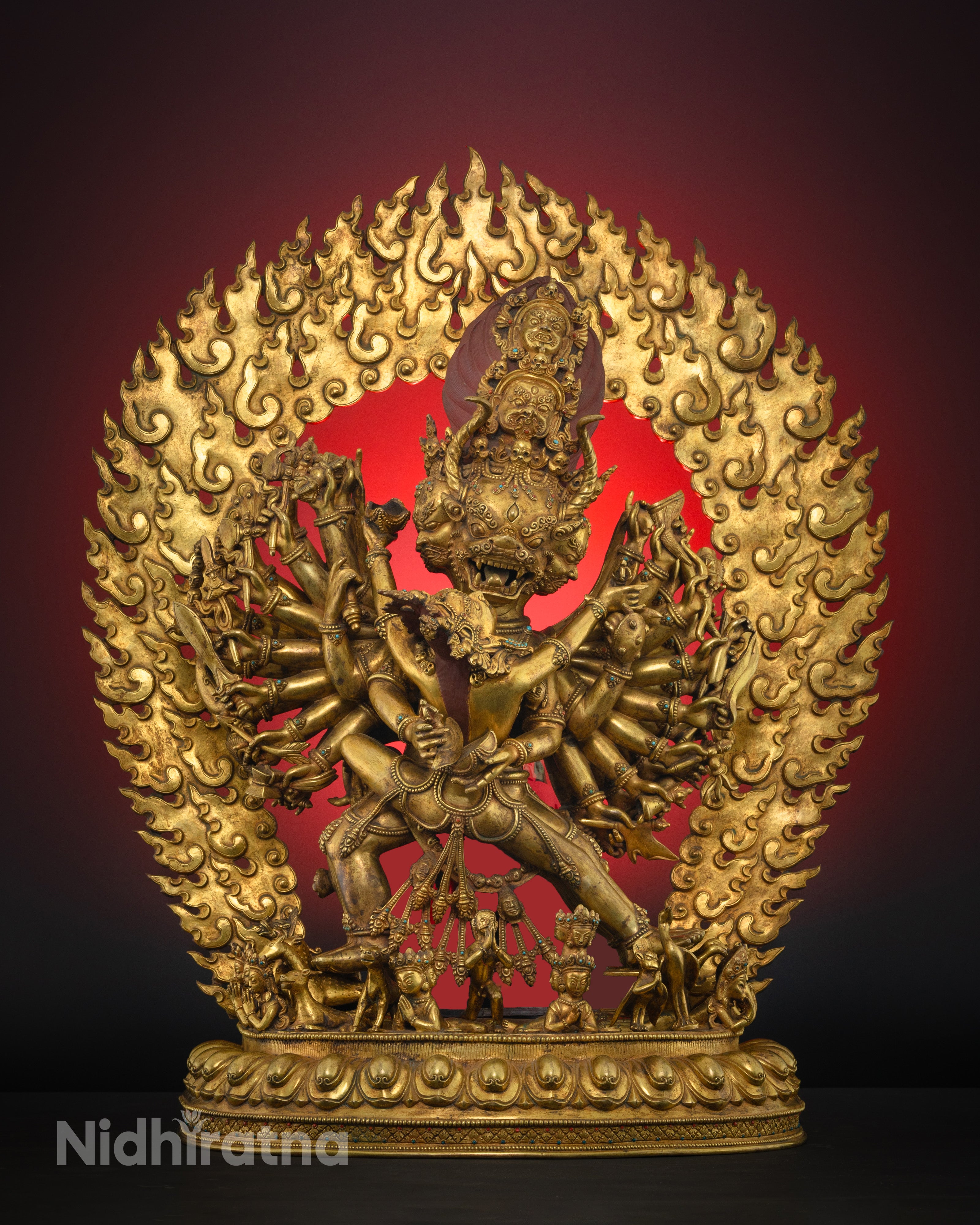 Front view of Masterpiece Yamantaka Statue, gold fire-gilded, handcrafted in Nepal, 69 cm tall